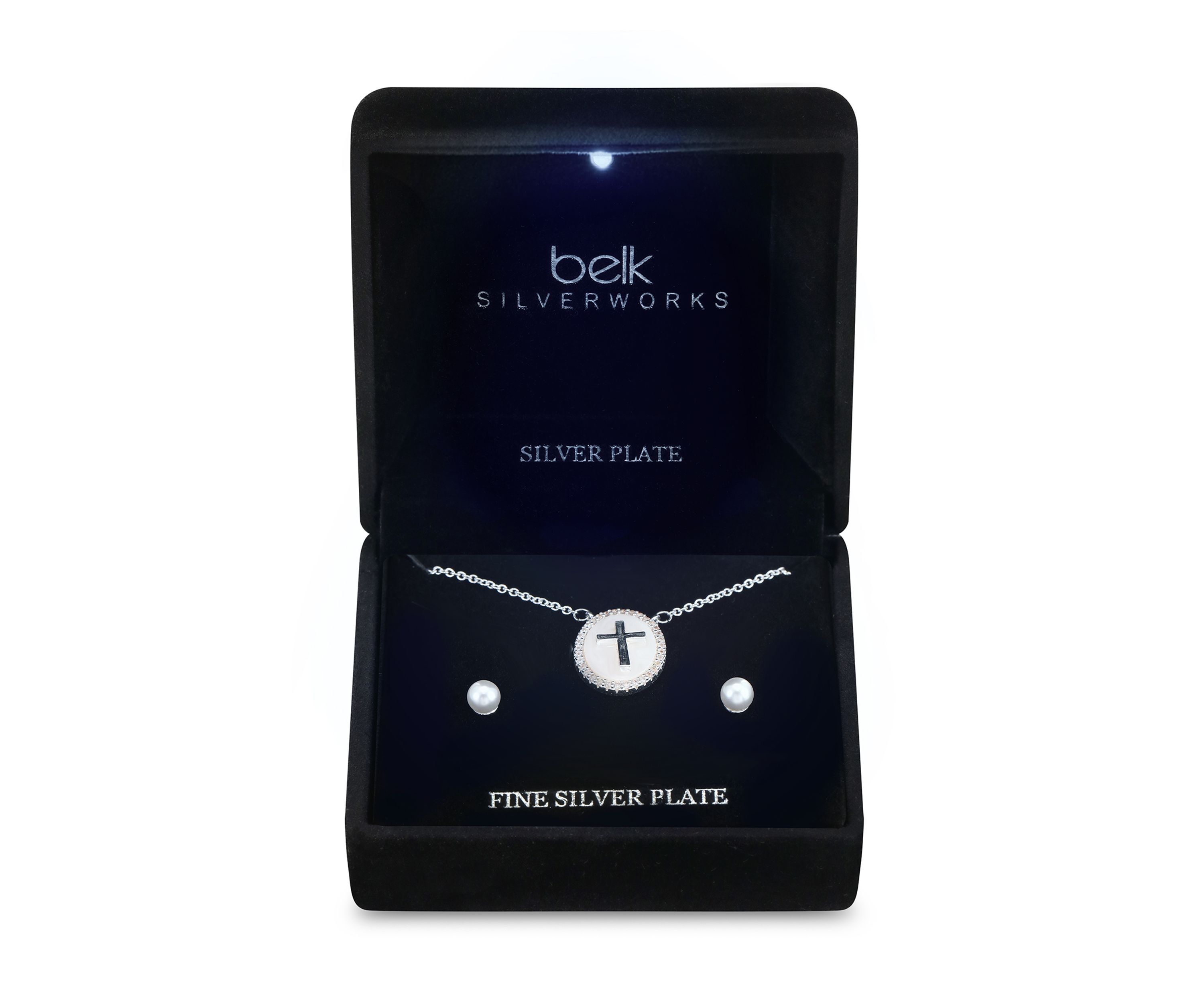 Lab Created Silver Tone CZ and Mother of Pearl Cross Necklace and Earring Set
