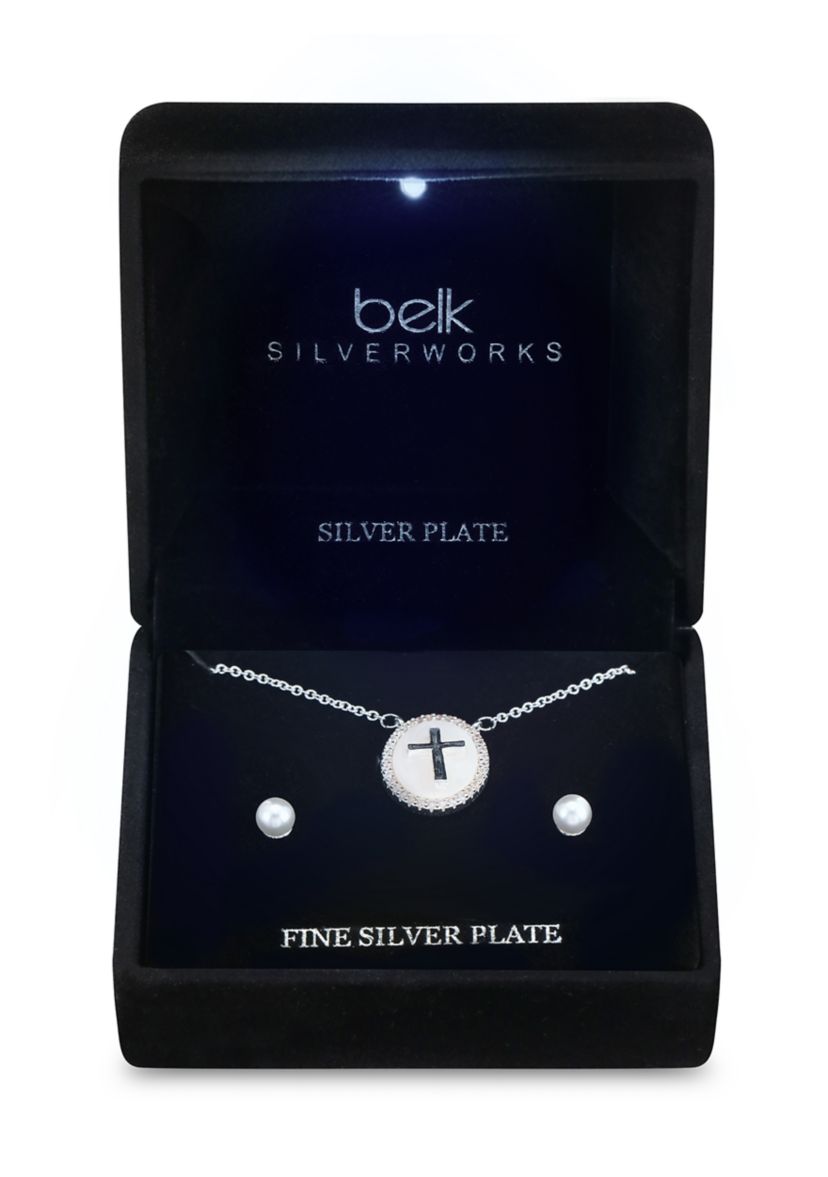 Lab Created Silver Tone CZ and Mother of Pearl Cross Necklace and Earring Set