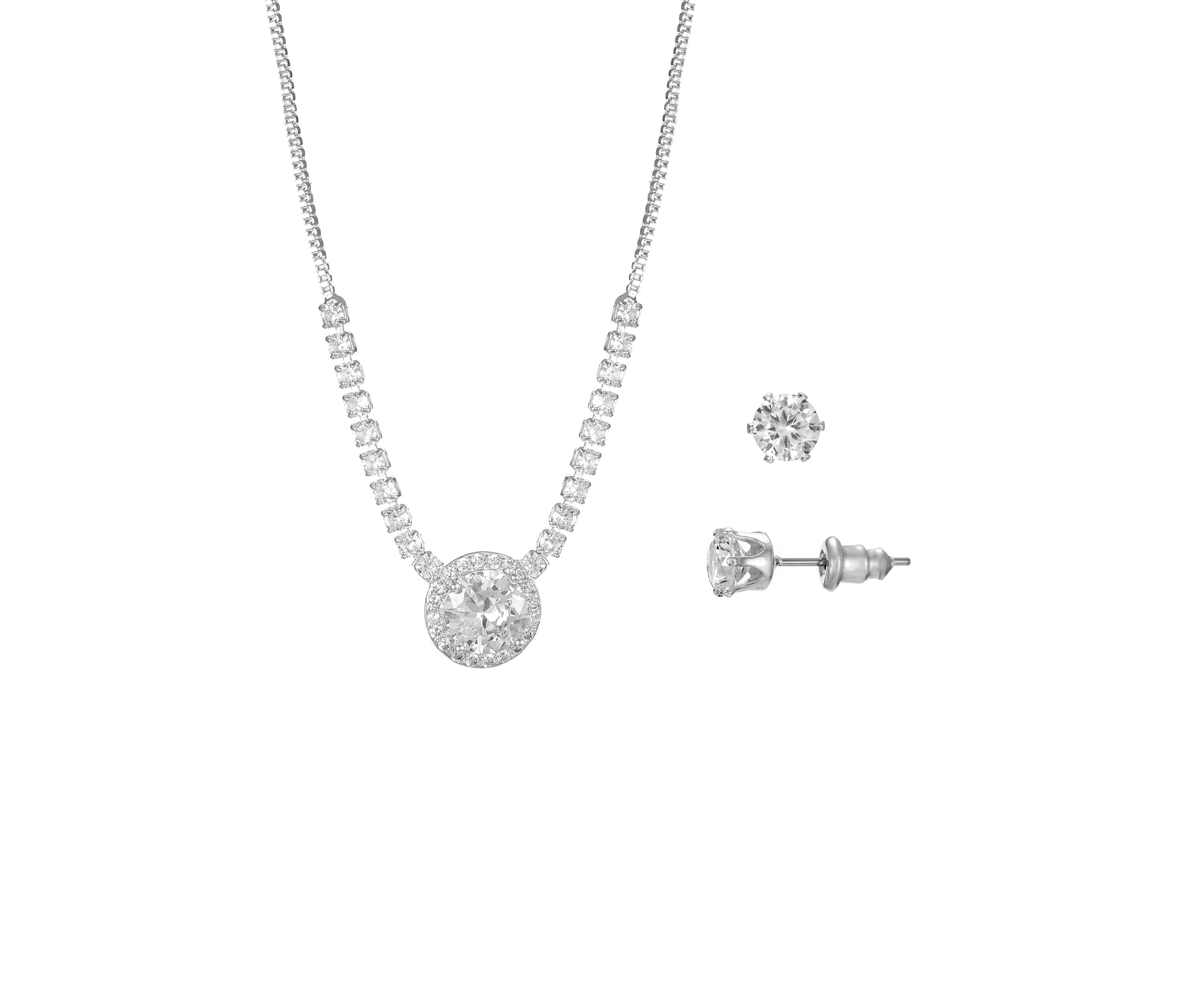 Silver Tone Round Cubic Zirconia with Halo Necklace and Earrings Set