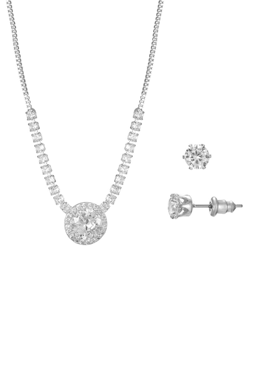 Silver Tone Round Cubic Zirconia with Halo Necklace and Earrings Set