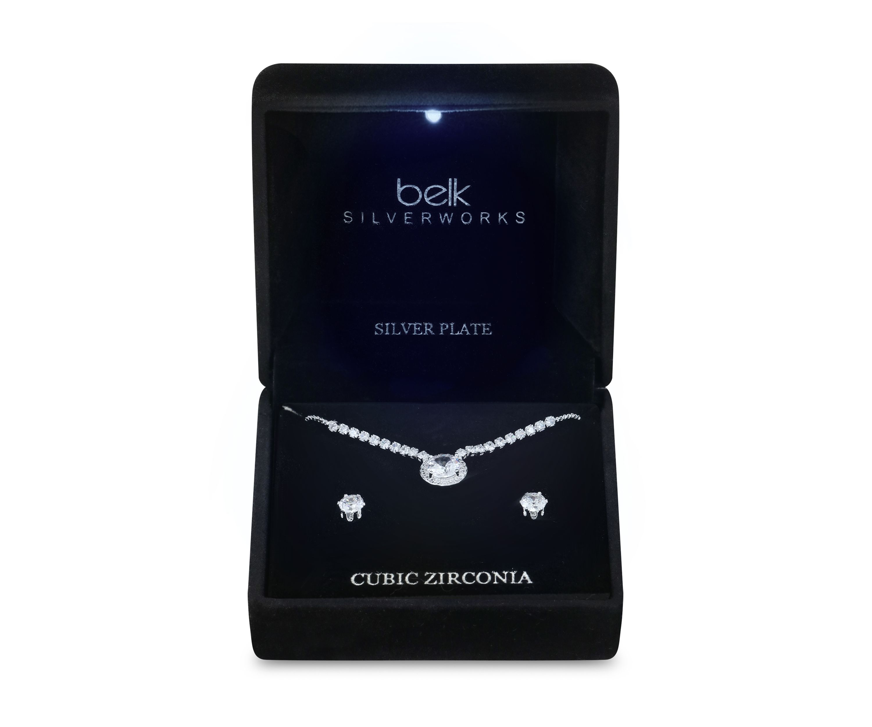 Silver Tone Round Cubic Zirconia with Halo Necklace and Earrings Set