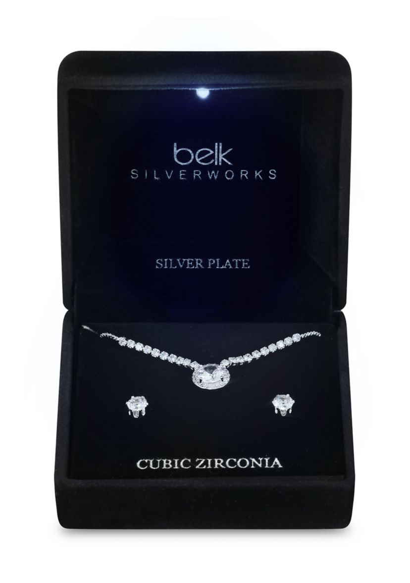 Silver Tone Round Cubic Zirconia with Halo Necklace and Earrings Set