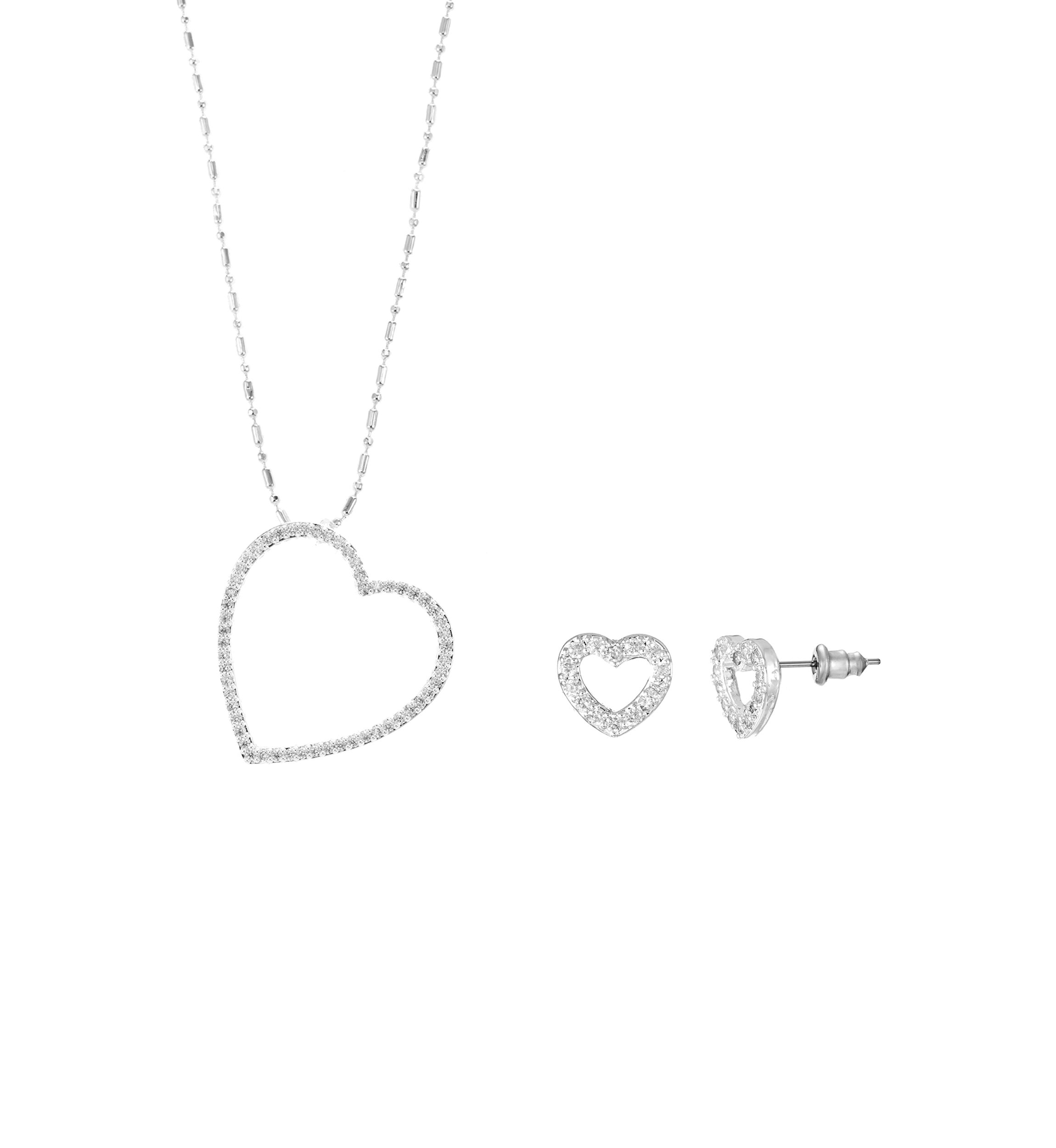 Lab Grown Silver Plated Cubic Zirconia Open Heart Pendant and Earrings Set