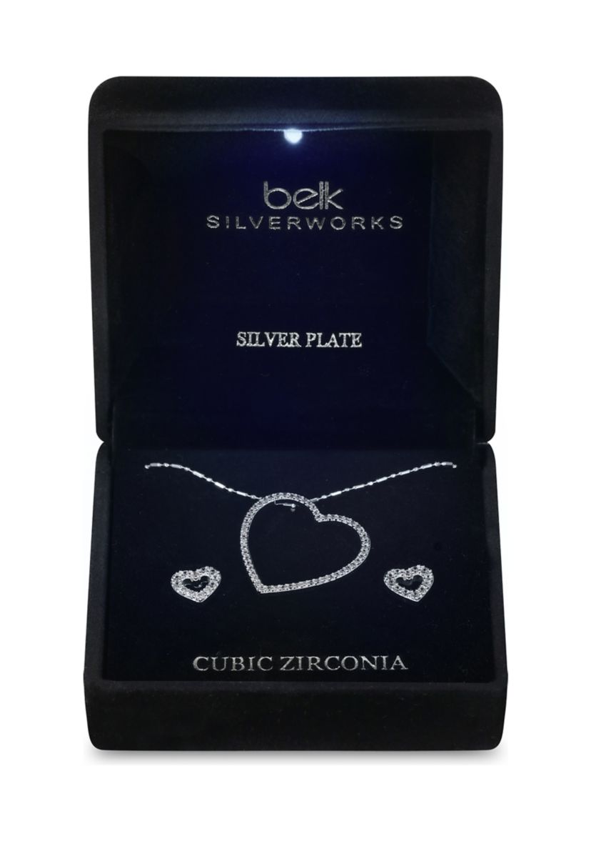 Lab Grown Silver Plated Cubic Zirconia Open Heart Pendant and Earrings Set