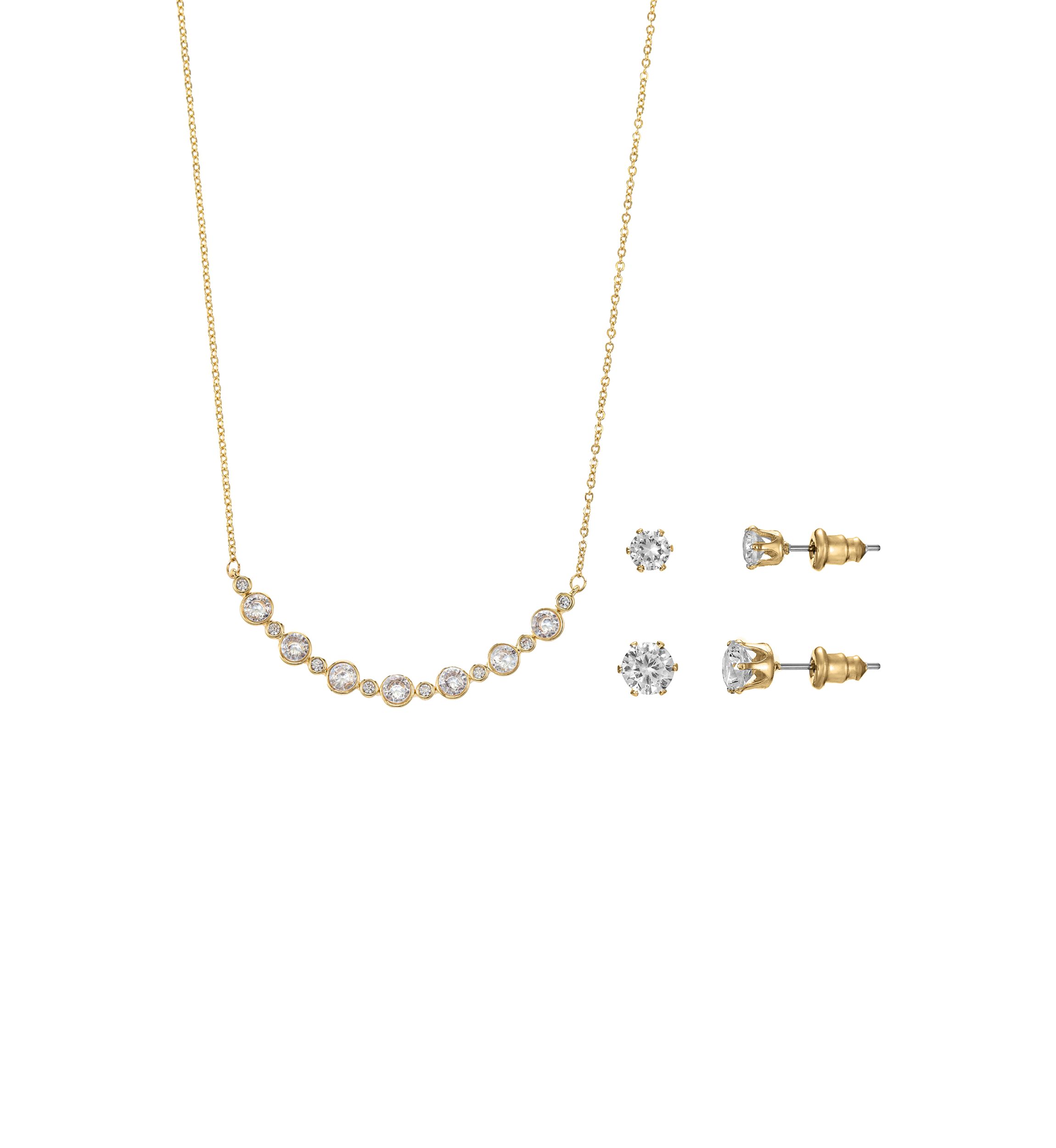 Lab Grown Gold Plated Mixed Round Cubic Zirconia Necklace and Multi Earrings Set