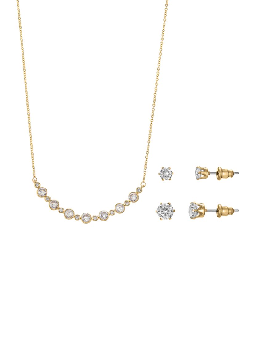Lab Grown Gold Plated Mixed Round Cubic Zirconia Necklace and Multi Earrings Set