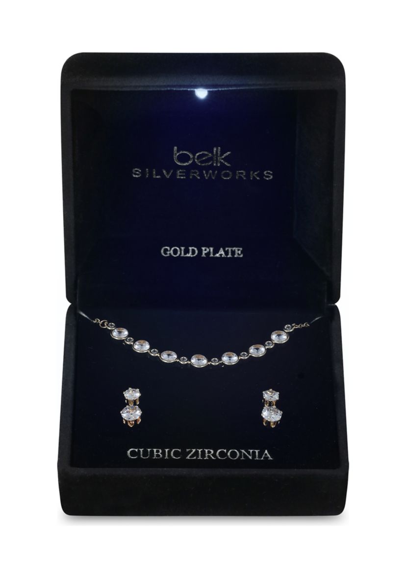 Lab Grown Gold Plated Mixed Round Cubic Zirconia Necklace and Multi Earrings Set