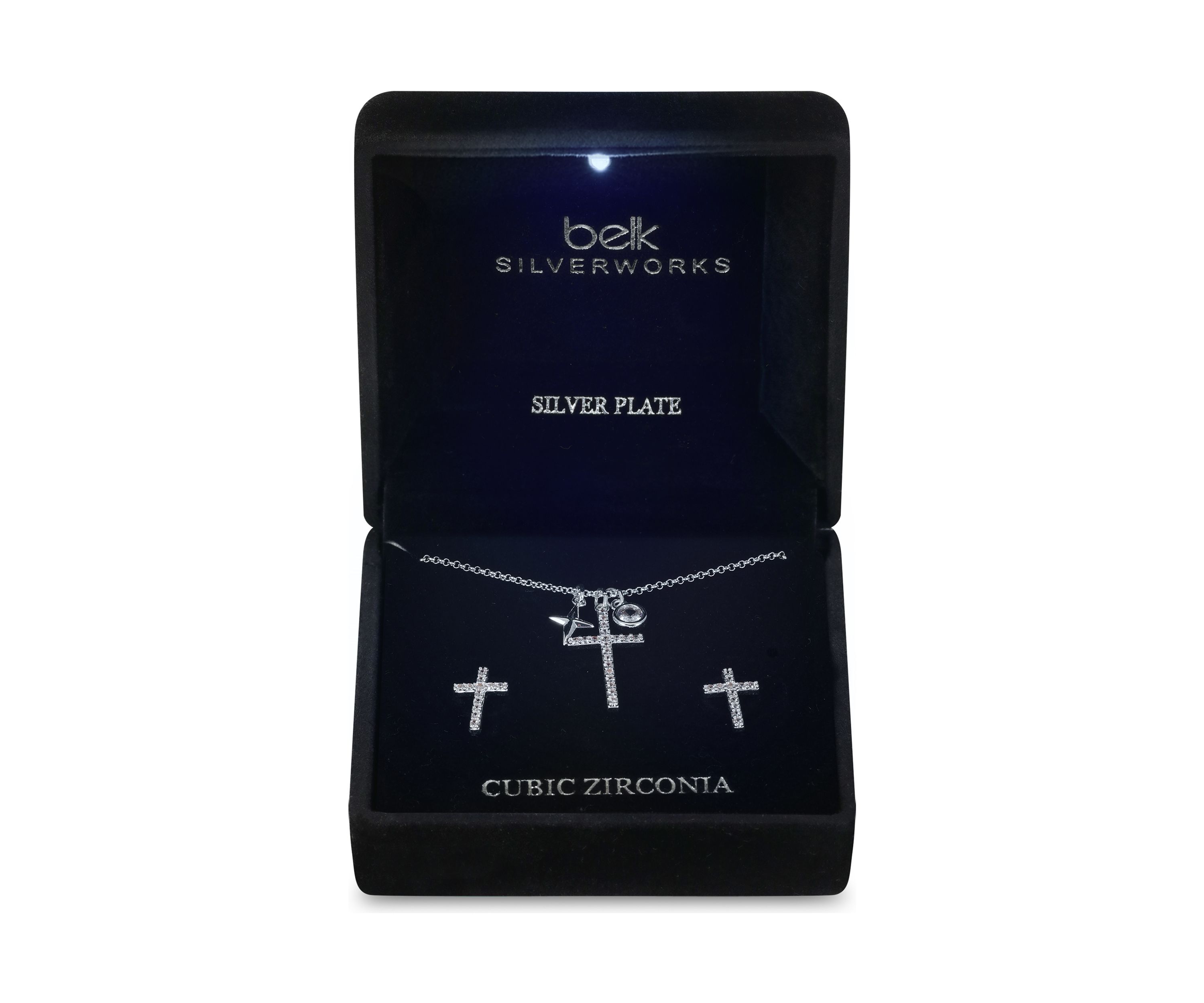 Lab Grown Silver Plated Cubic Zirconia Cross Pendant with Charms and Cross Earrings Set