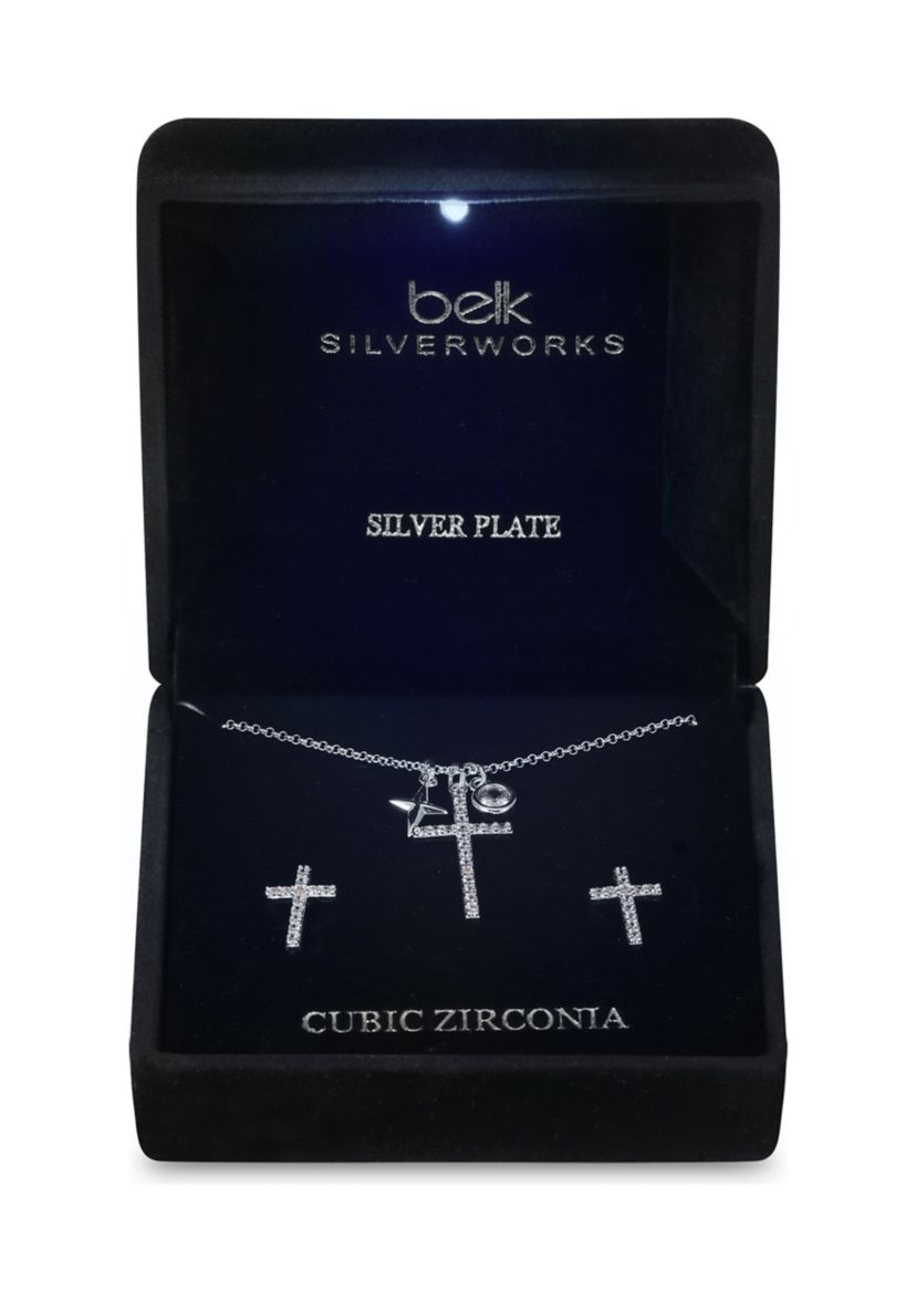 Lab Grown Silver Plated Cubic Zirconia Cross Pendant with Charms and Cross Earrings Set