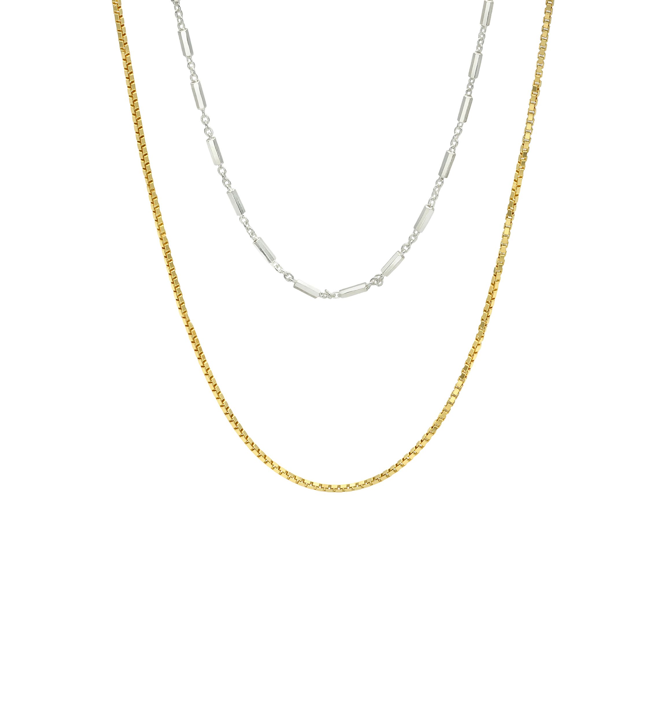 Two Tone Box and Station Layered Chain Necklace