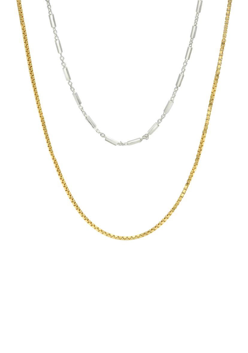 Two Tone Box and Station Layered Chain Necklace