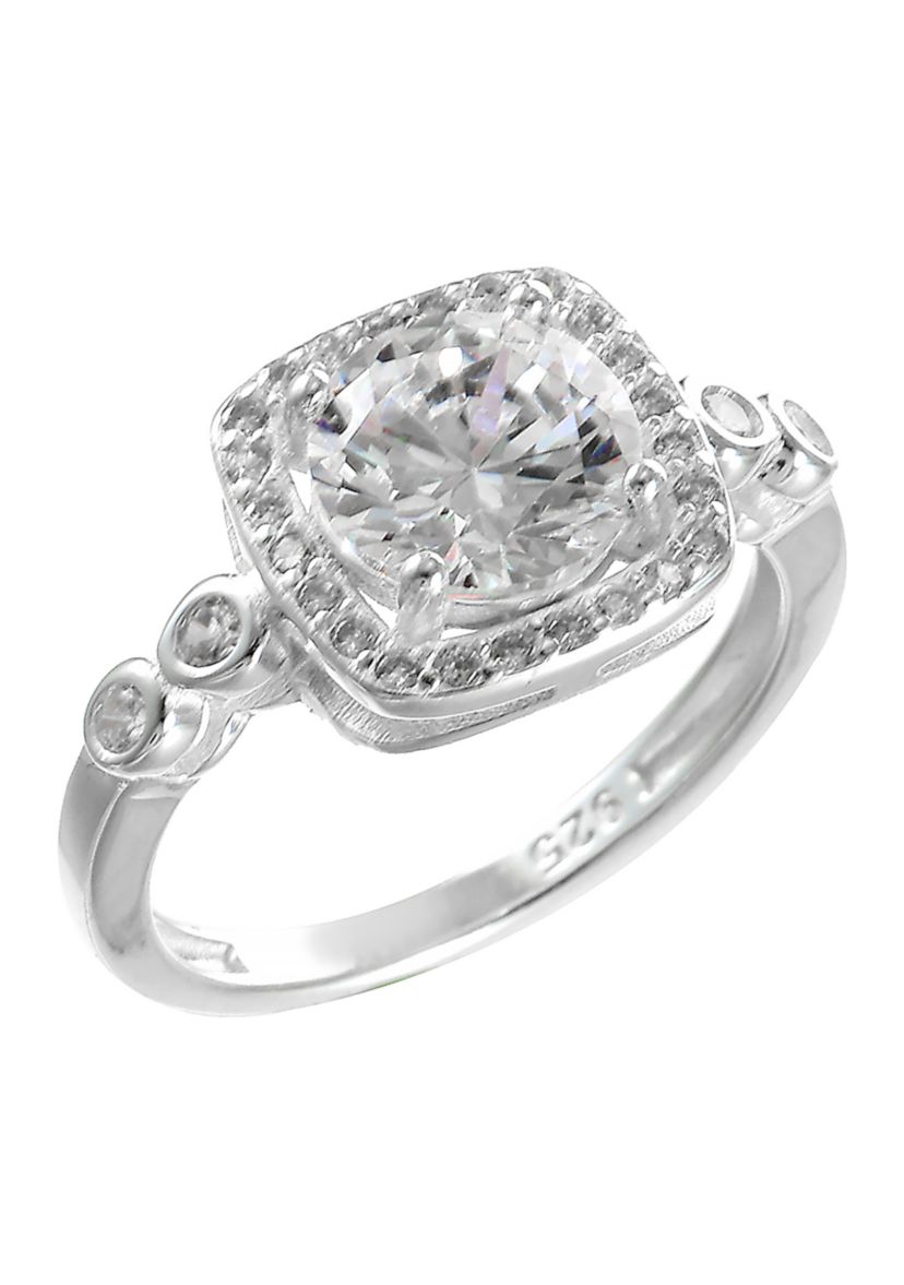 Lab Created Sterling Silver CZ Round Stone Halo Bezel Band Ring