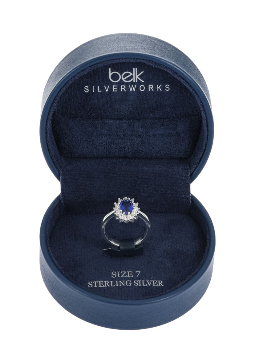 Lab Created Sterling Silver Oval Montana Blue Cubic Zirconia  with Halo Ring
