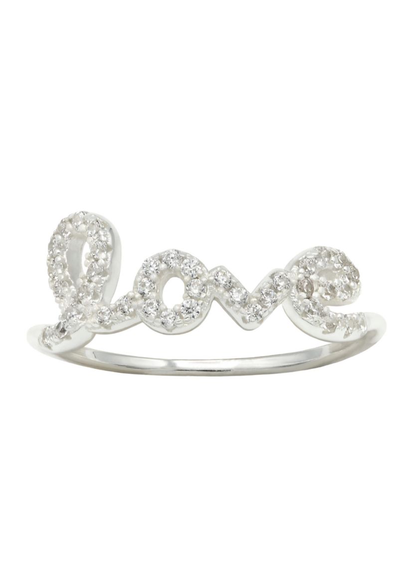 Lab Grown Pavé Cubic Zirconia Love Script Ring in Sterling Silver