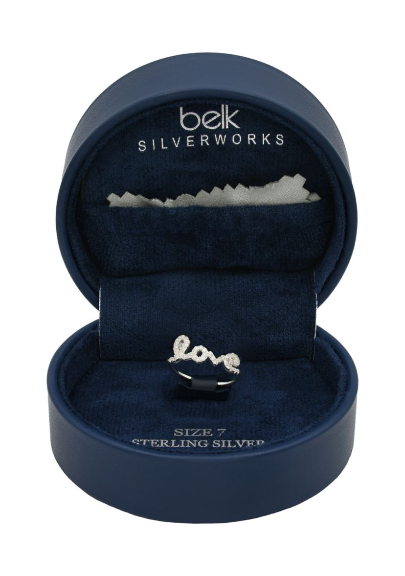 Lab Grown Pavé Cubic Zirconia Love Script Ring in Sterling Silver