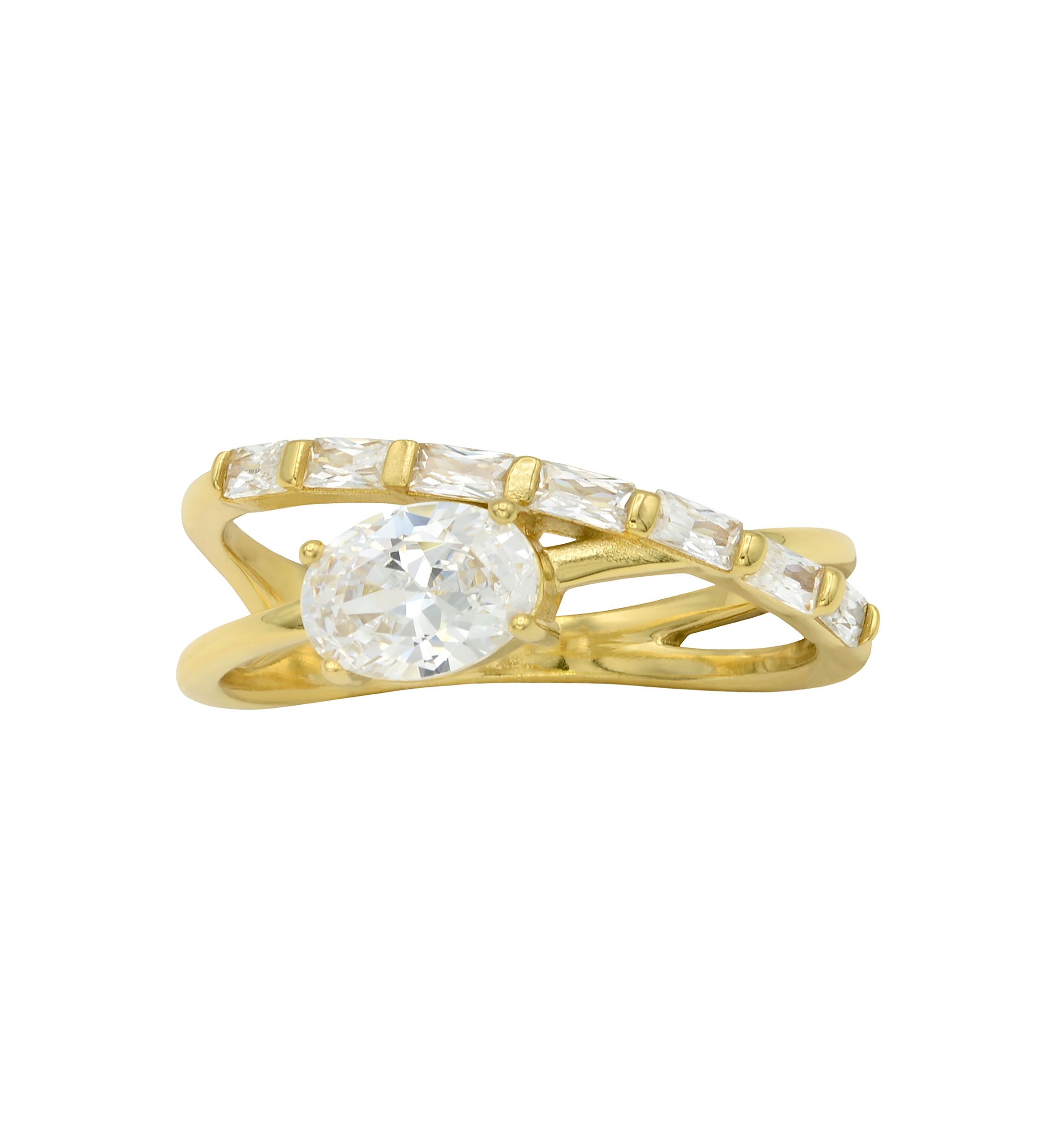 Lab Grown Oval Cubic Zirconia and Baguette Open Wrap Band Ring in Gold Over Sterling Silver