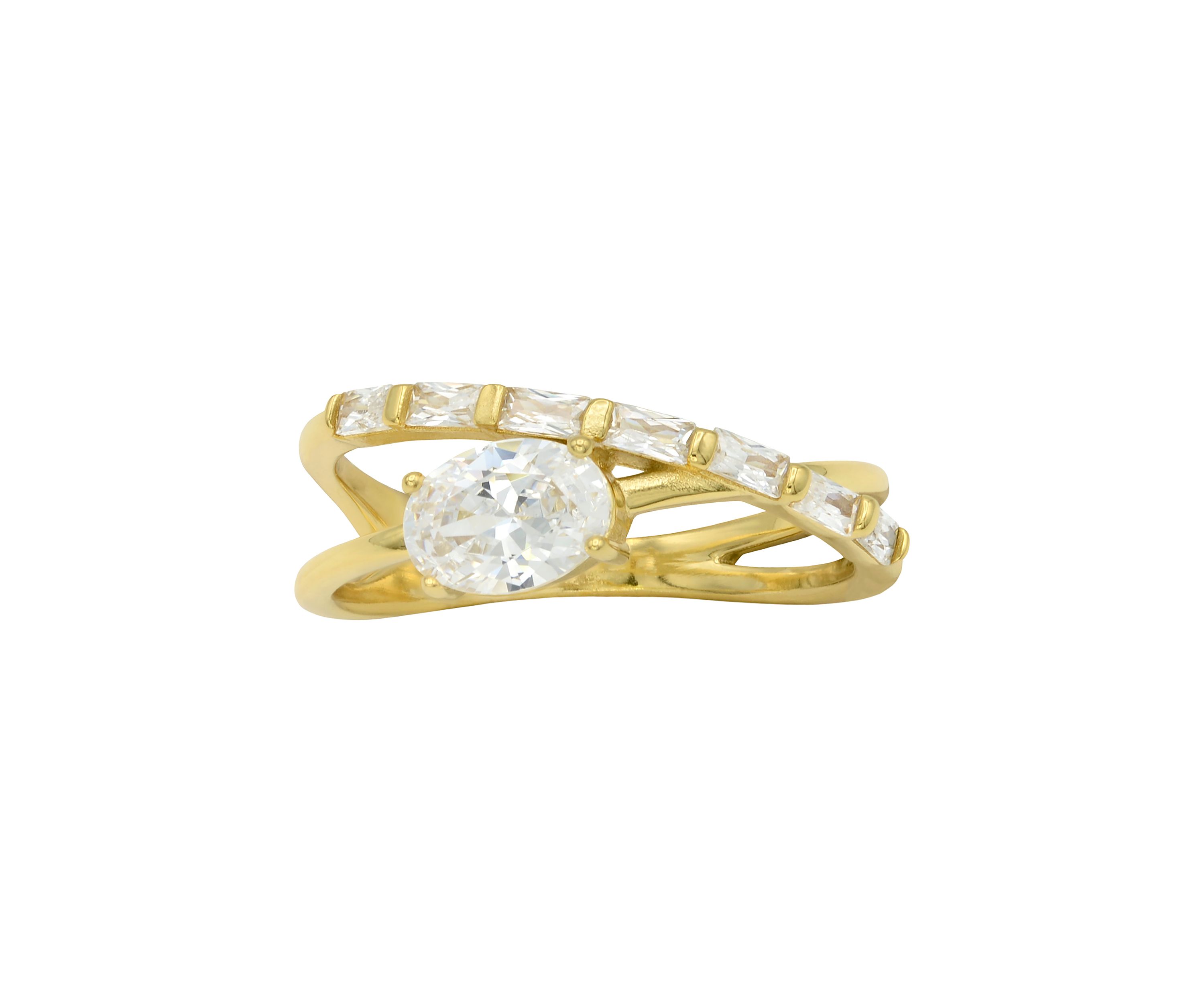 Lab Grown Oval Cubic Zirconia and Baguette Open Wrap Band Ring in Gold Over Sterling Silver