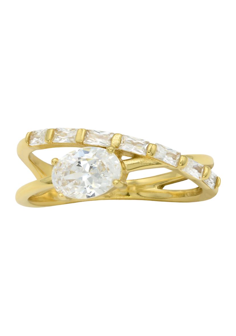Lab Grown Oval Cubic Zirconia and Baguette Open Wrap Band Ring in Gold Over Sterling Silver