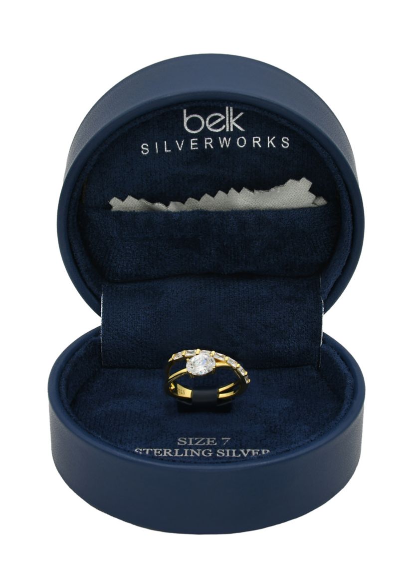 Lab Grown Oval Cubic Zirconia and Baguette Open Wrap Band Ring in Gold Over Sterling Silver