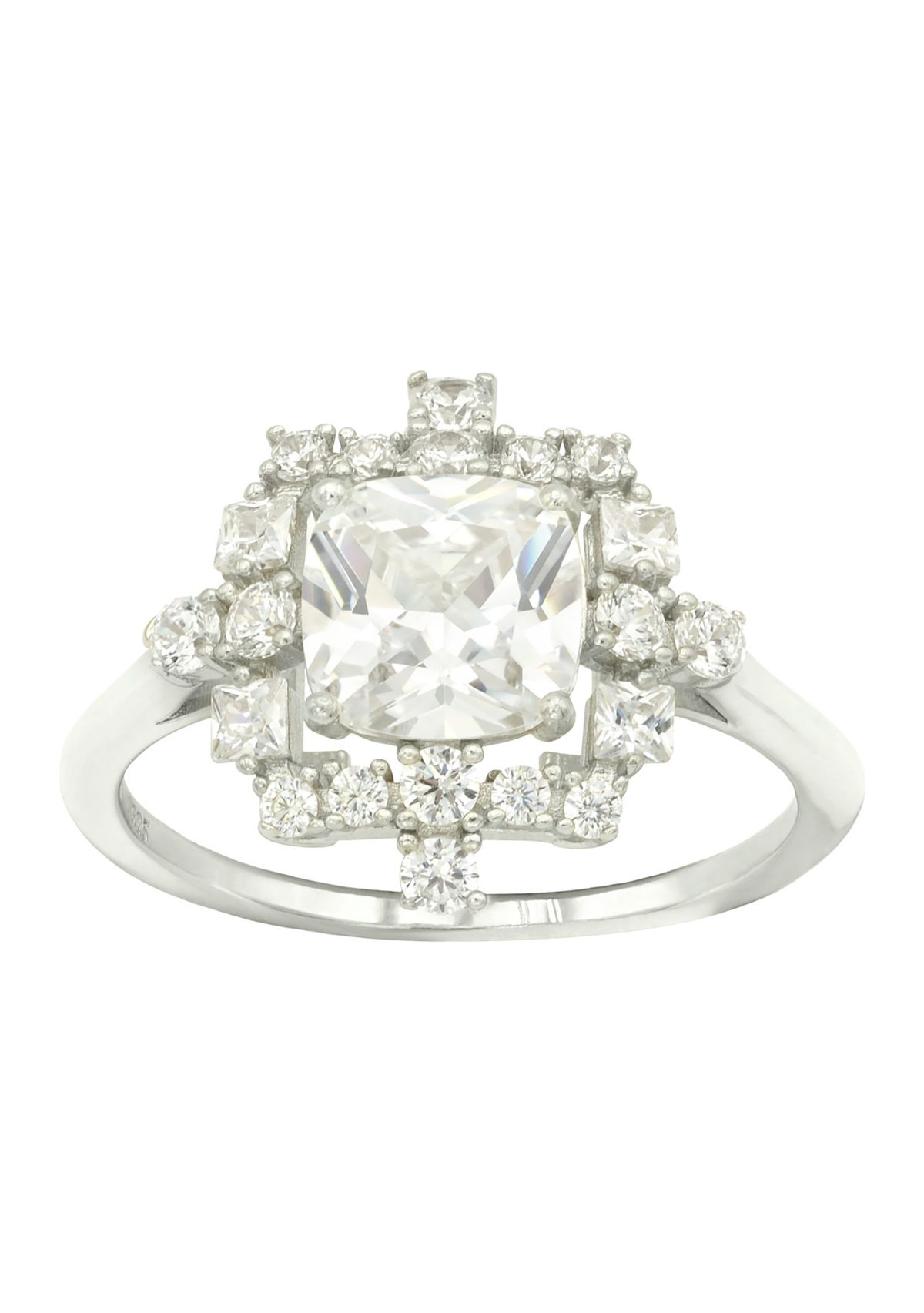 Lab Grown Cushion Cut Cubic Zirconia with Cluster Pavé Halo Ring in Sterling Silver