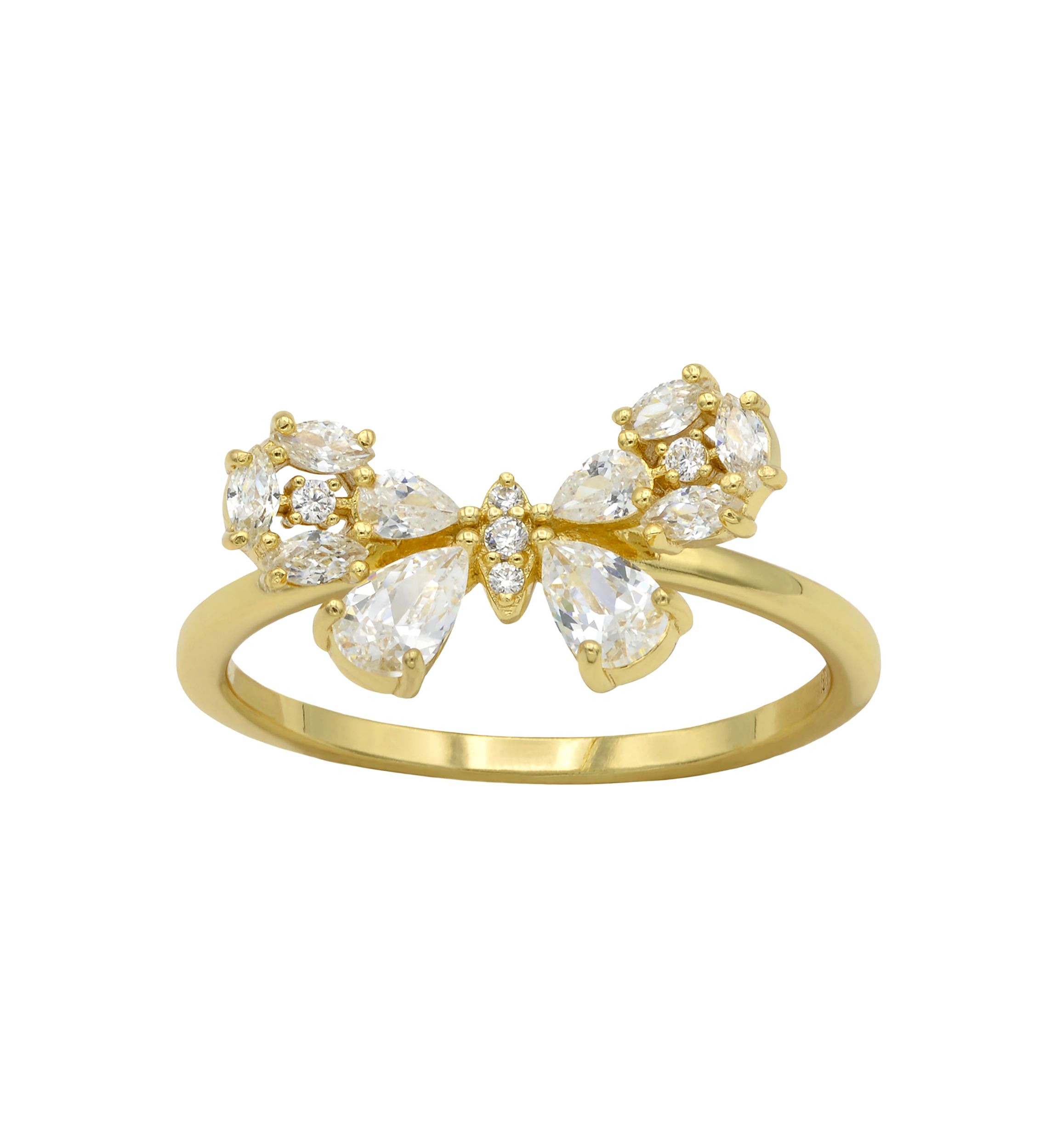 Lab Grown Pear Cubic Zirconia Cluster Bow Ring in Gold Over Sterling Silver