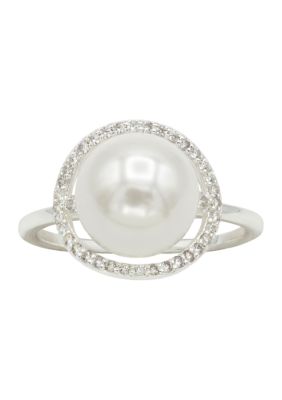 Belk Silverworks Lab Grown Pearl with Cubic Zirconia Pavé Halo Ring in Sterling Silver, 9