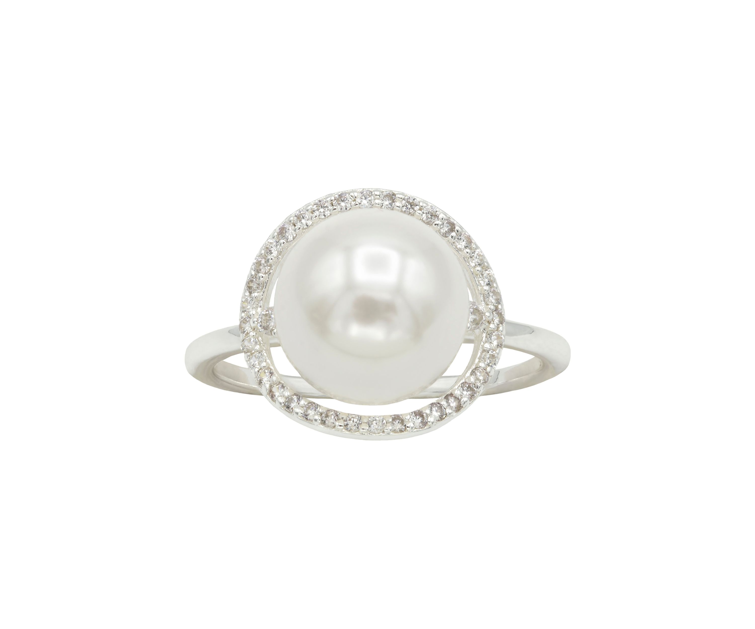 Lab Grown Pearl with Cubic Zirconia Pavé Halo Ring in Sterling Silver