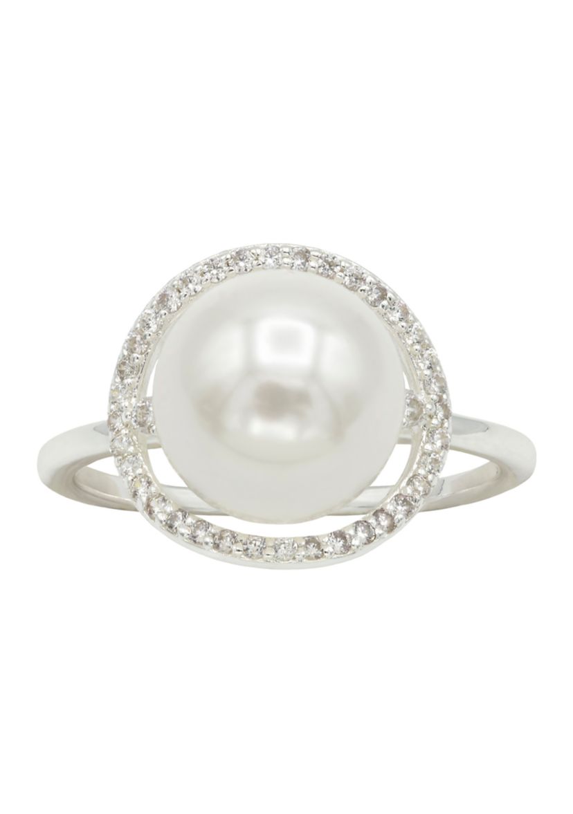 Lab Grown Pearl with Cubic Zirconia Pavé Halo Ring in Sterling Silver