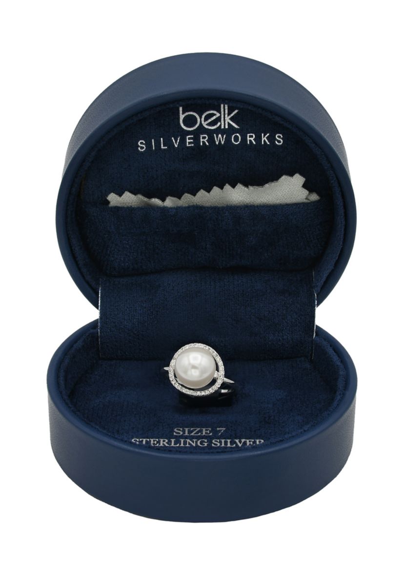 Lab Grown Pearl with Cubic Zirconia Pavé Halo Ring in Sterling Silver