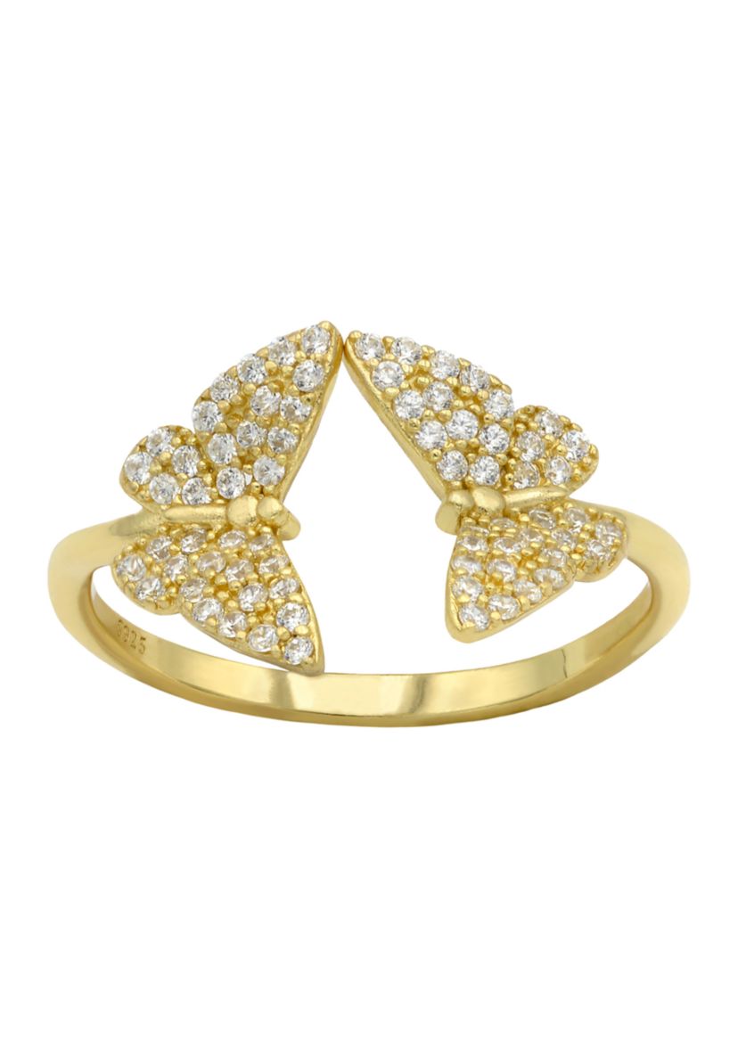 Lab Grown Pavé Cubic Zirconia Duo Butterfly Ring in Gold Over Sterling Silver