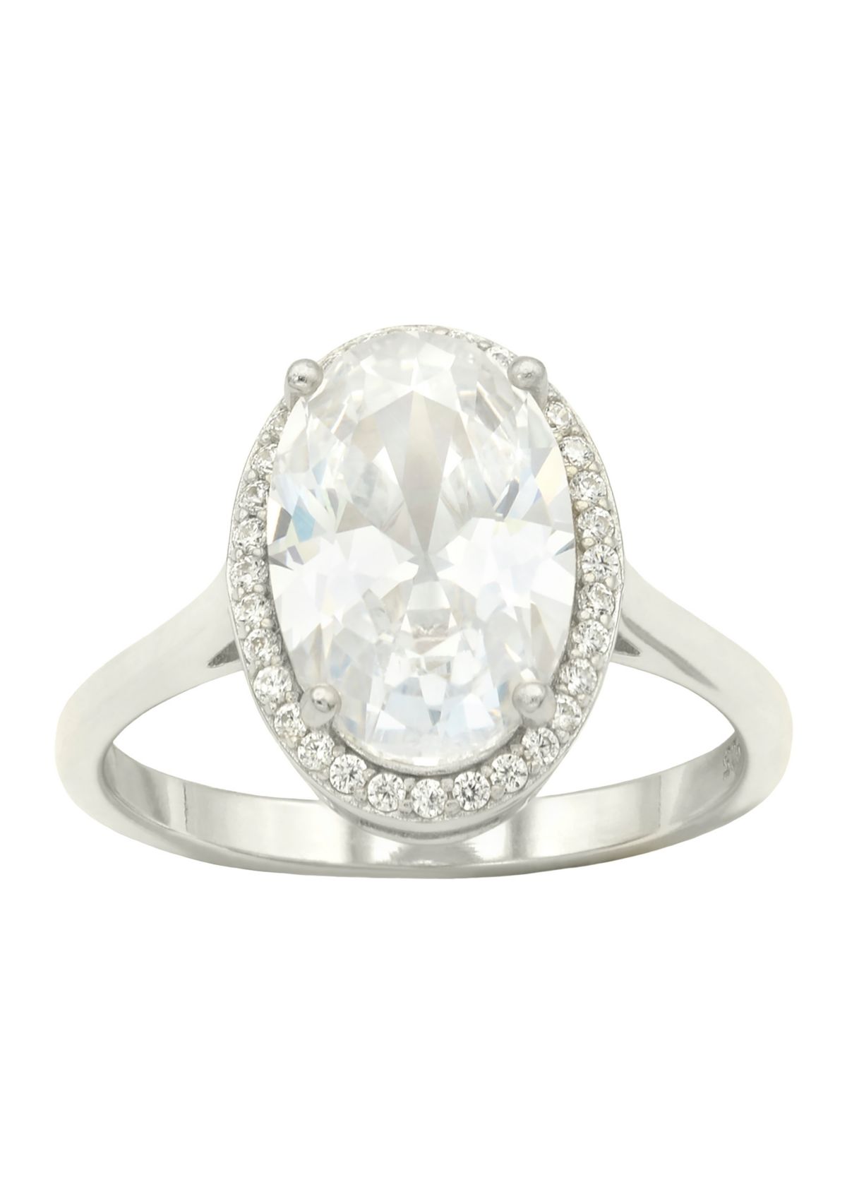 Lab Grown Oval Cubic Zirconia with Pavé Halo Ring in Sterling Silver