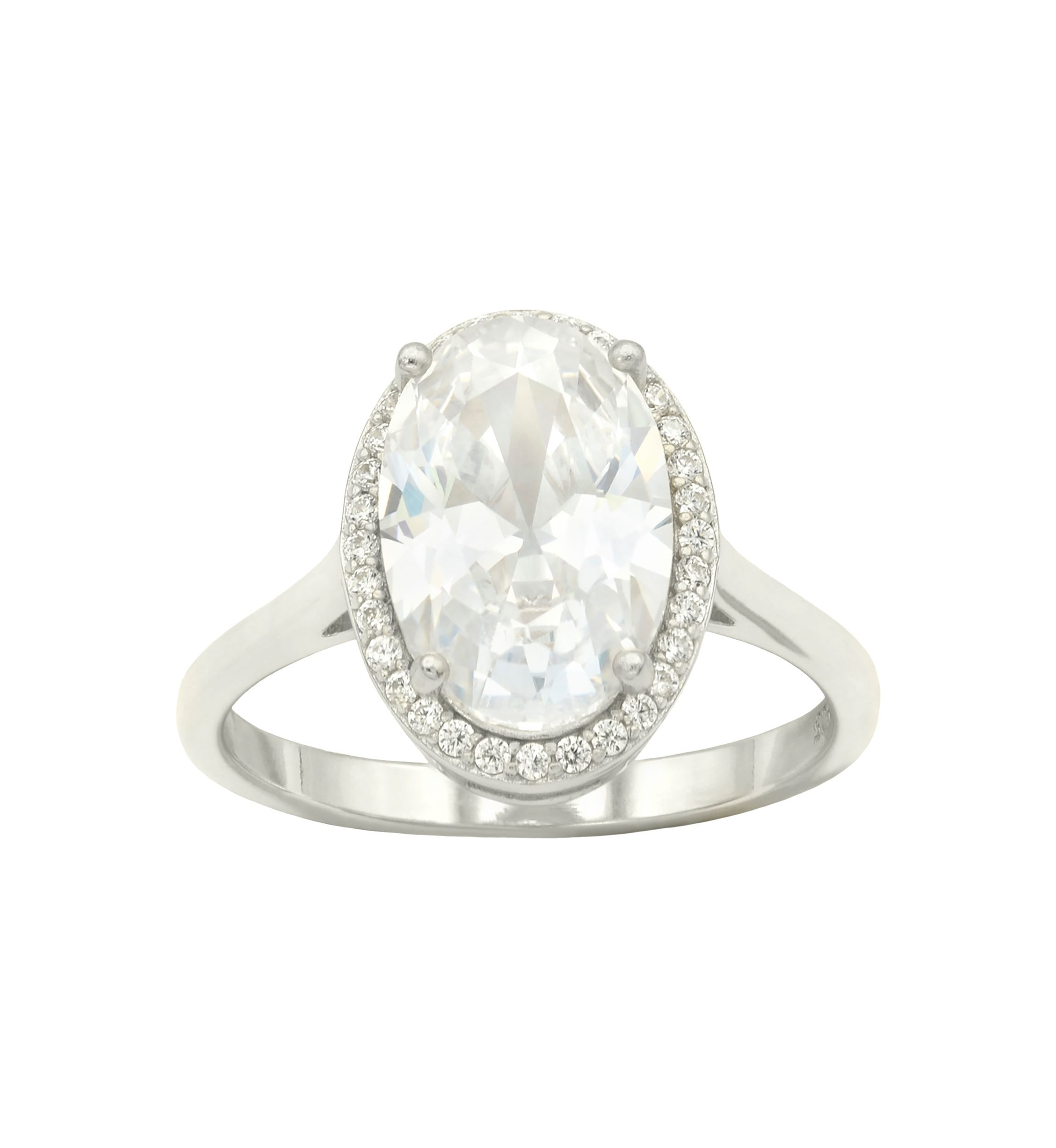 Lab Grown Oval Cubic Zirconia with Pavé Halo Ring in Sterling Silver