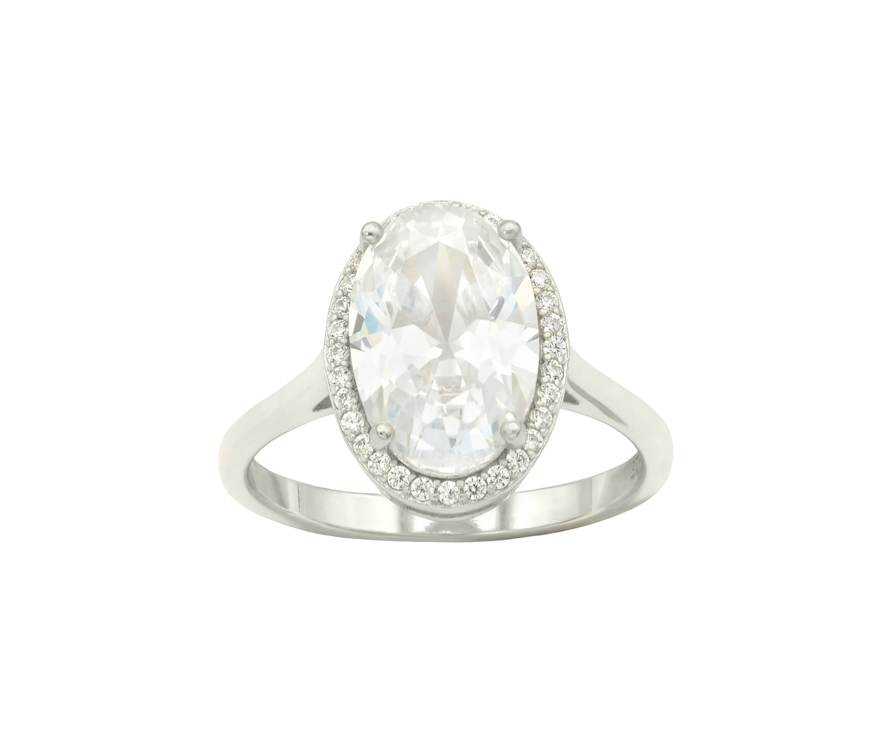 Lab Grown Oval Cubic Zirconia with Pavé Halo Ring in Sterling Silver