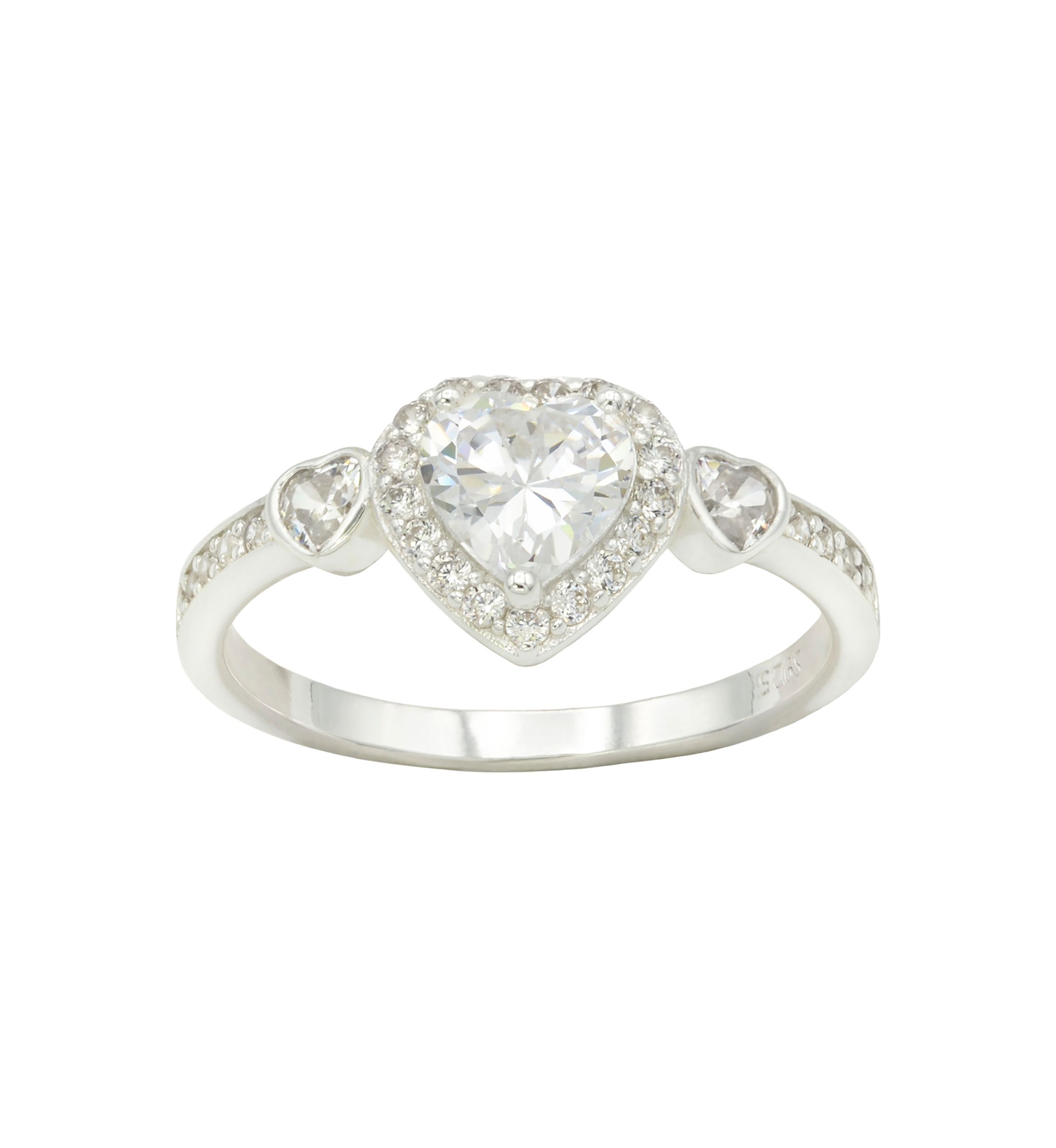 Lab Grown Cubic Zirconia Heart with Bezel Heart and Pavé Band Ring in Sterling Silver