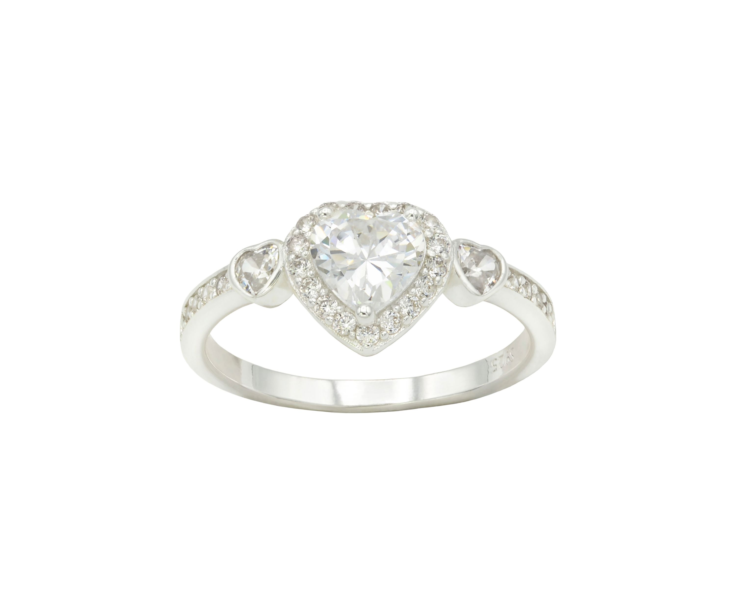 Lab Grown Cubic Zirconia Heart with Bezel Heart and Pavé Band Ring in Sterling Silver