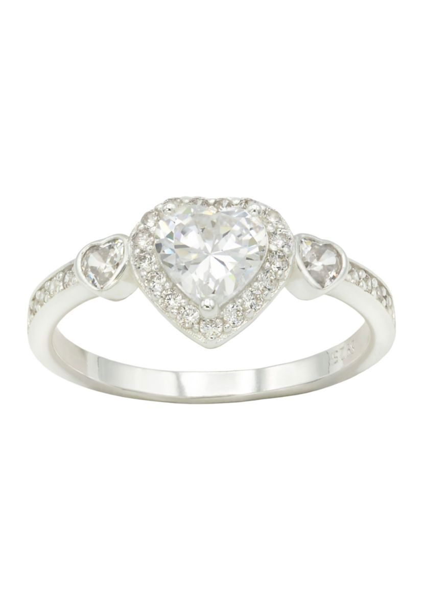 Lab Grown Cubic Zirconia Heart with Bezel Heart and Pavé Band Ring in Sterling Silver