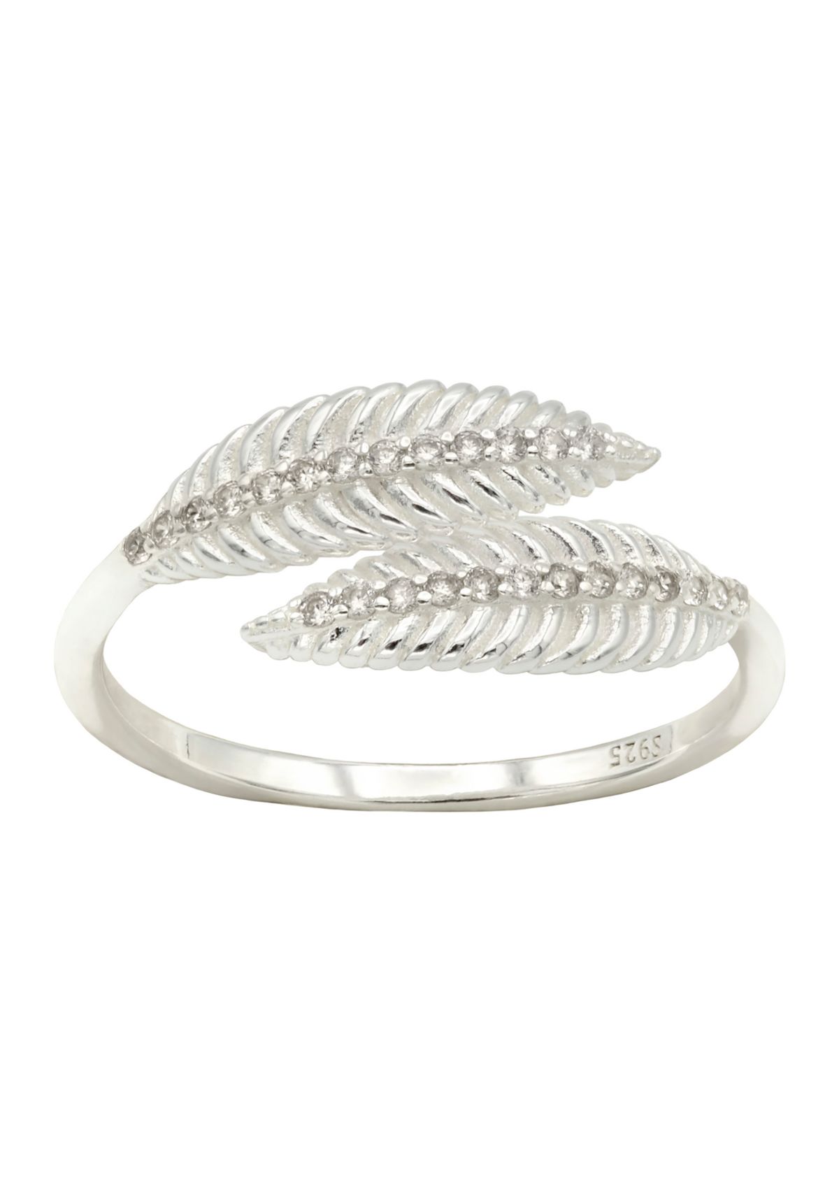 Lab Grown Pavé Cubic Zirconia Textured Leaf Wrap Ring in Sterling Silver