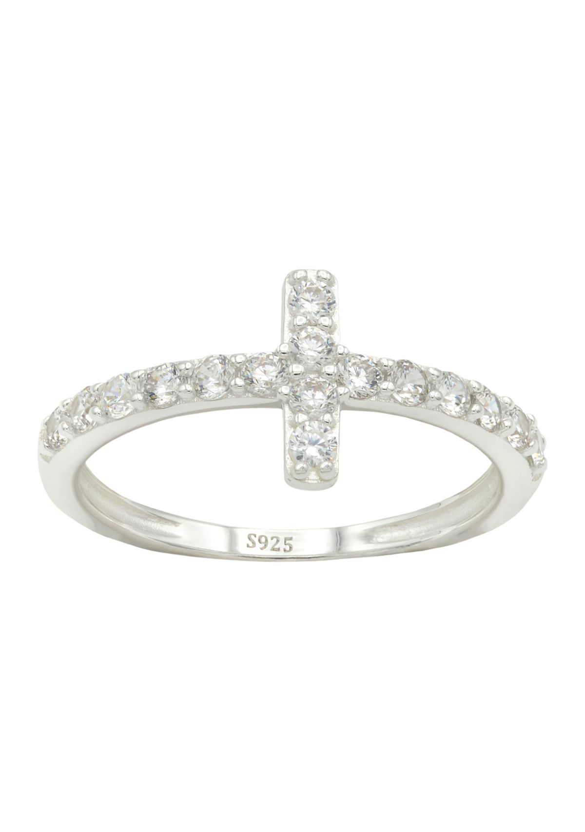 Lab Grown Pavé Cubic Zirconia Sideways Cross Band Ring in Sterling Silver