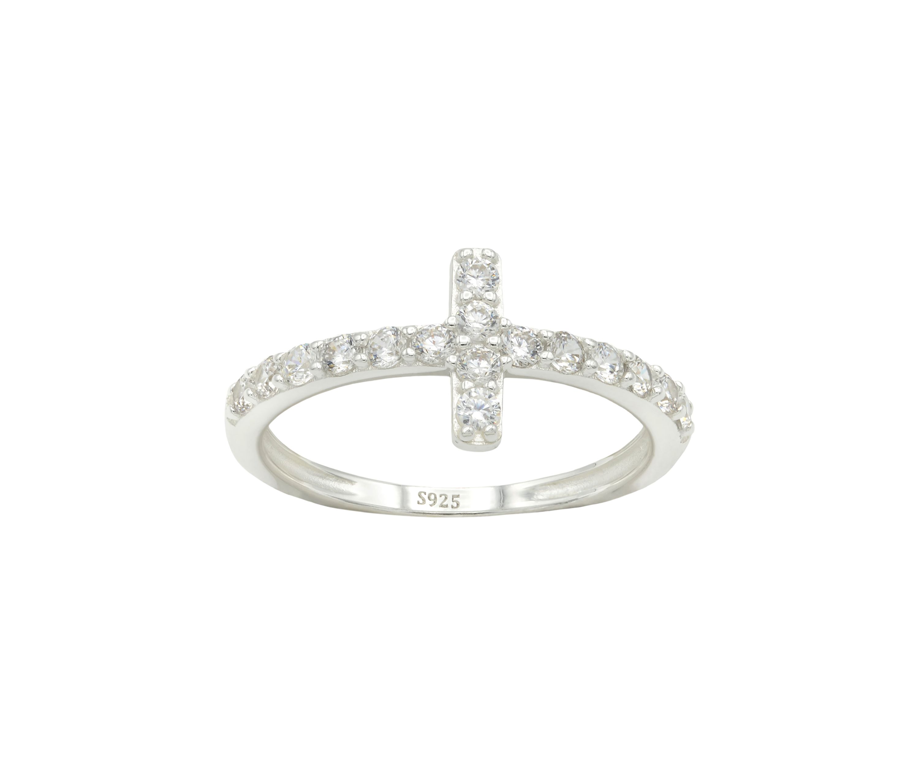 Lab Grown Pavé Cubic Zirconia Sideways Cross Band Ring in Sterling Silver
