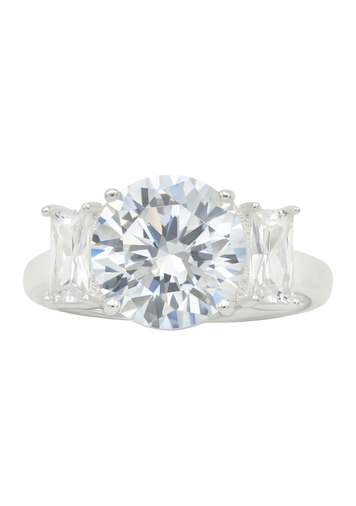 Lab Grown Round Cubic Zirconia with Baguette Stones Ring in Sterling Silver