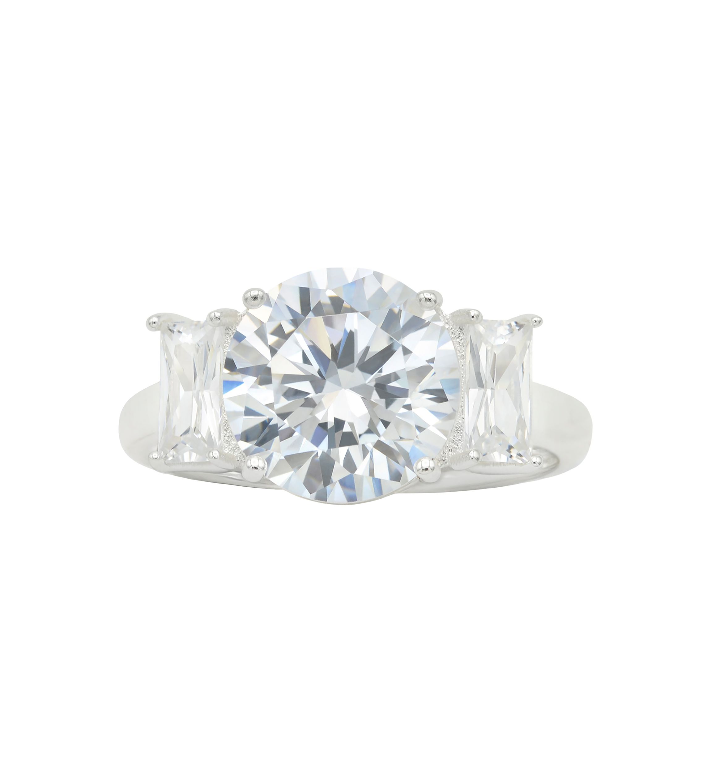 Lab Grown Round Cubic Zirconia with Baguette Stones Ring in Sterling Silver