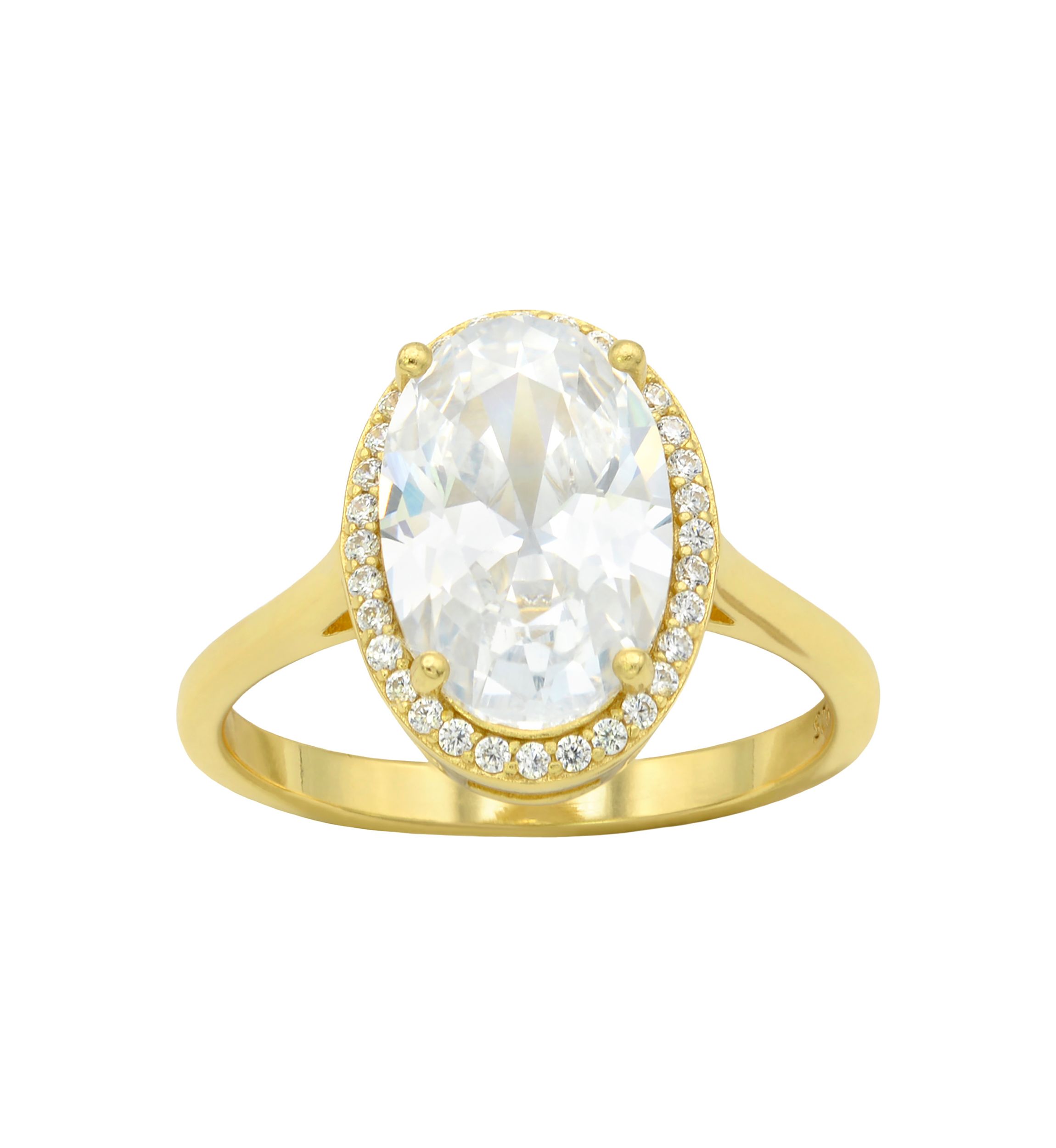 Lab Grown Oval Cubic Zirconia with Pavé Halo Ring in Gold Over Sterling Silver