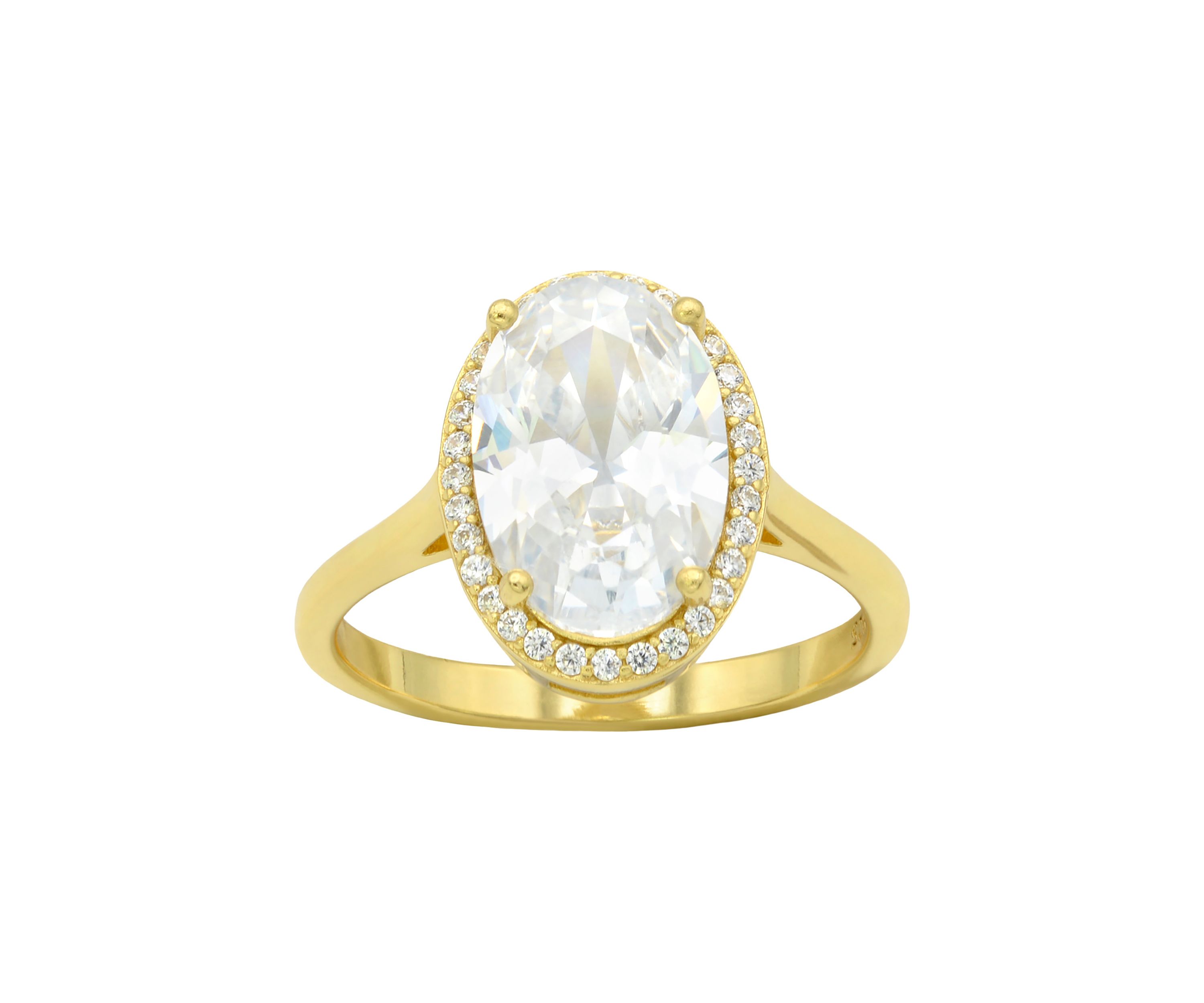 Lab Grown Oval Cubic Zirconia with Pavé Halo Ring in Gold Over Sterling Silver