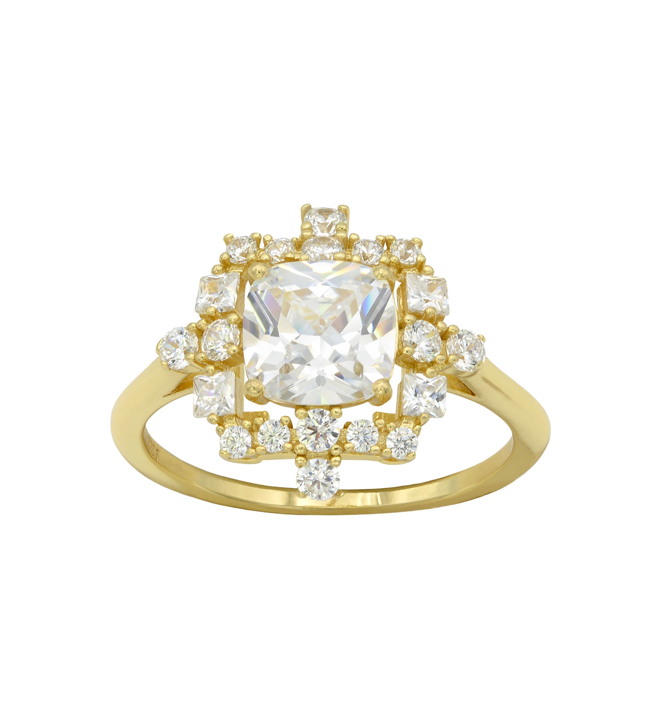 Lab Grown Cushion Cut Cubic Zirconia with Cluster Halo Ring in Gold over Sterling Silver