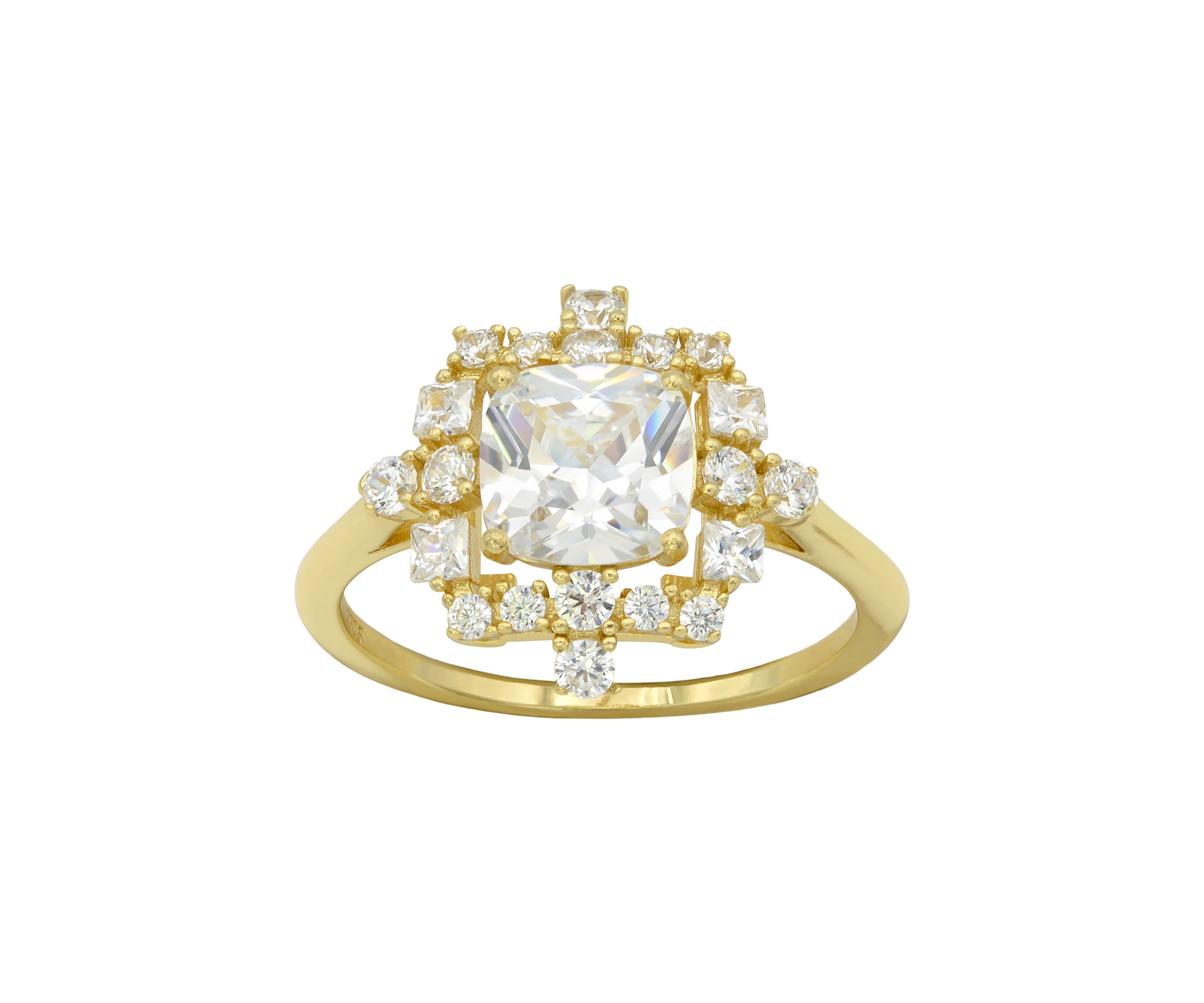 Lab Grown Cushion Cut Cubic Zirconia with Cluster Halo Ring in Gold over Sterling Silver