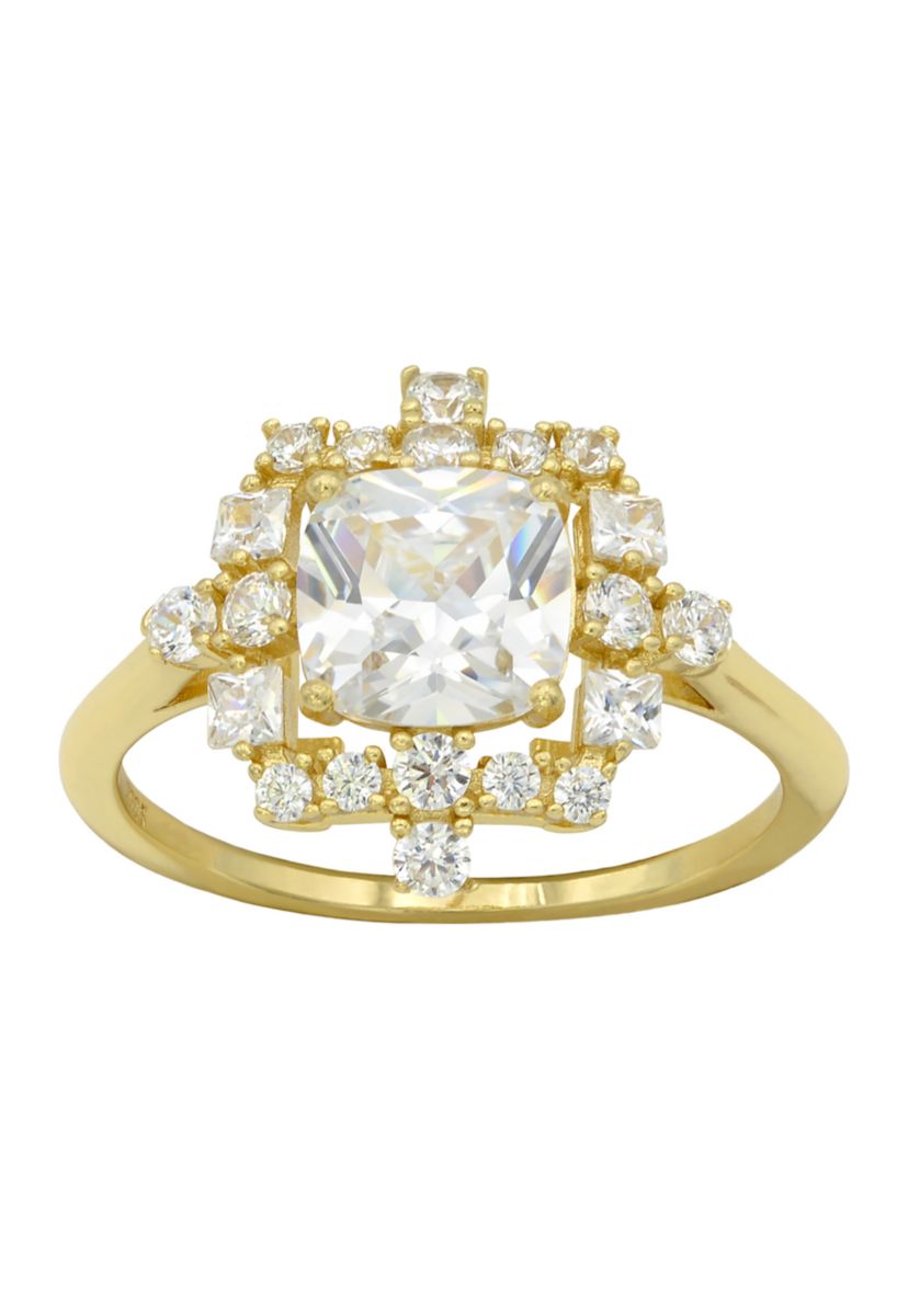 Lab Grown Cushion Cut Cubic Zirconia with Cluster Halo Ring in Gold over Sterling Silver