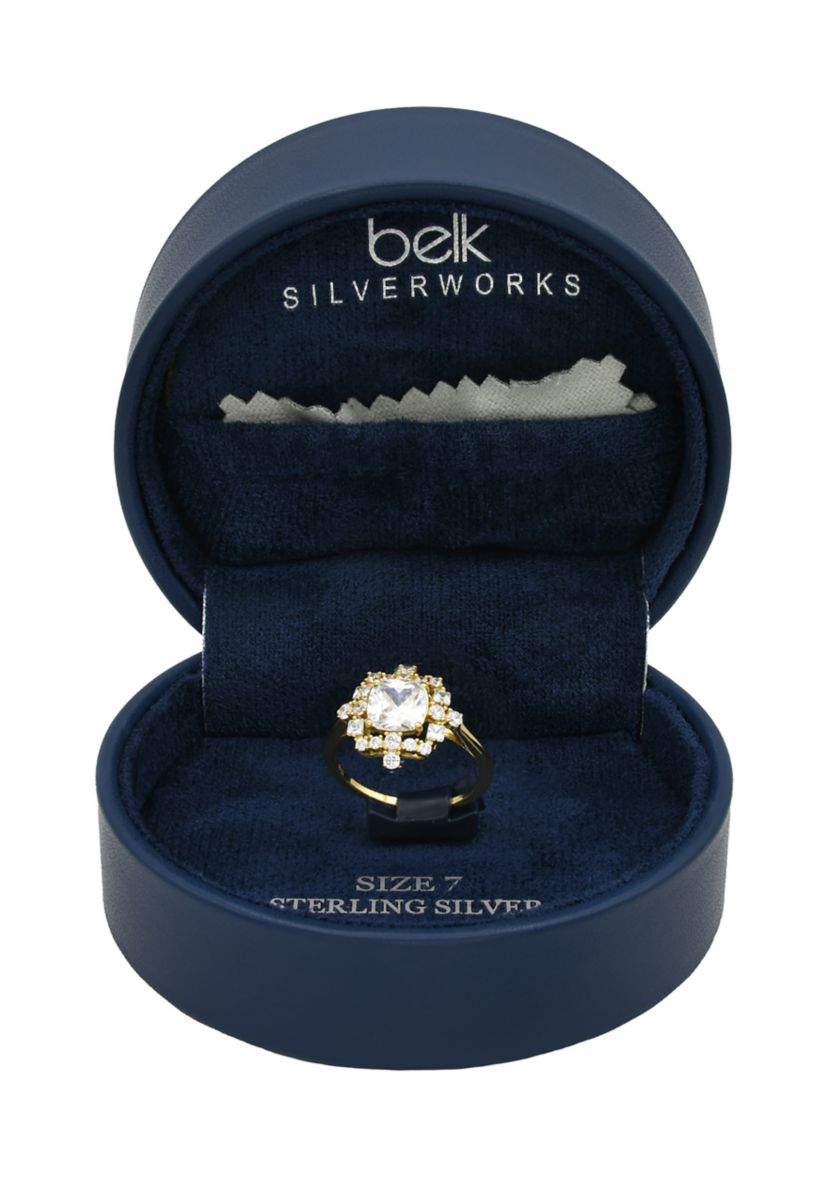 Lab Grown Cushion Cut Cubic Zirconia with Cluster Halo Ring in Gold over Sterling Silver