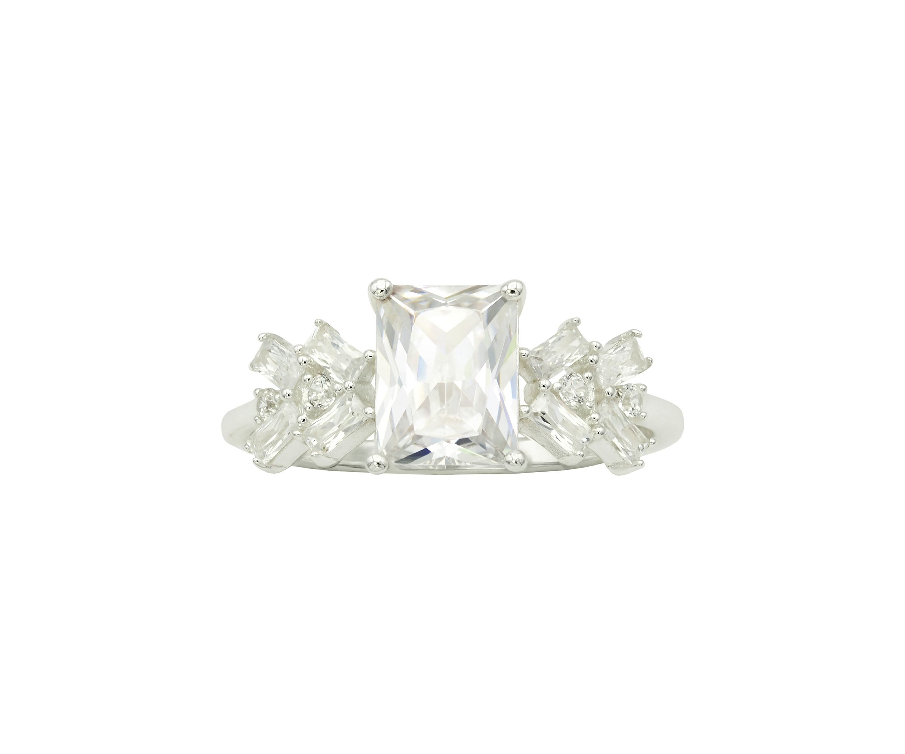 Lab Grown Emerald Cubic Zirconia with Rectangle Cluster Stones Ring in Sterling Silver