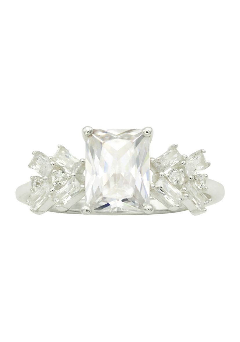 Lab Grown Emerald Cubic Zirconia with Rectangle Cluster Stones Ring in Sterling Silver