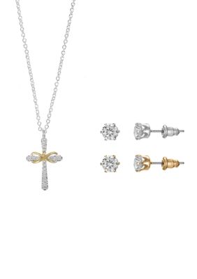 Belk Silverworks Lab Created Two Tone Pave Cross Pendant Necklace with CZ Stud Set